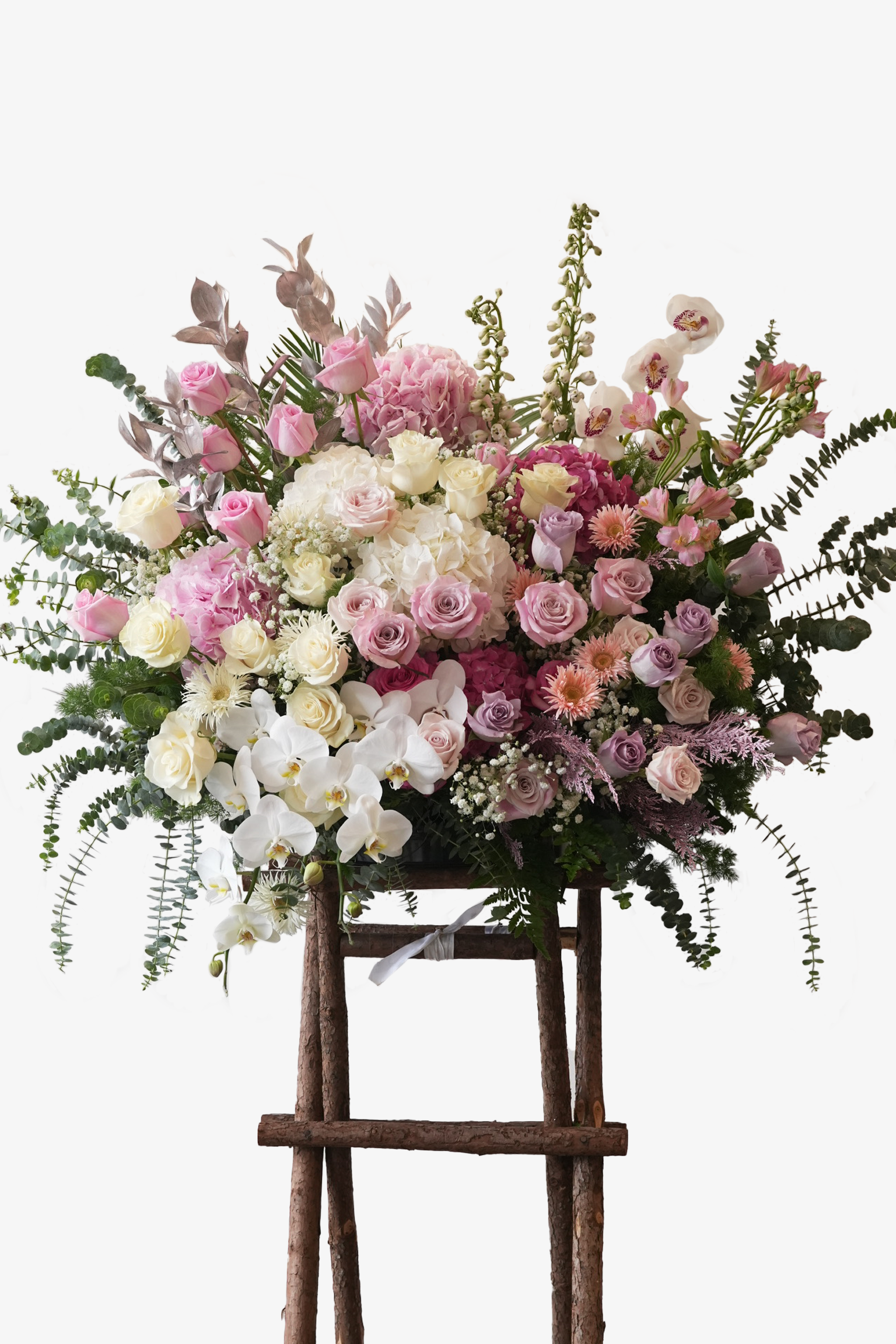 Aleah grand opening flower stand with blush roses, orchids, and hydrangeas – Just Bloom Hong Kong