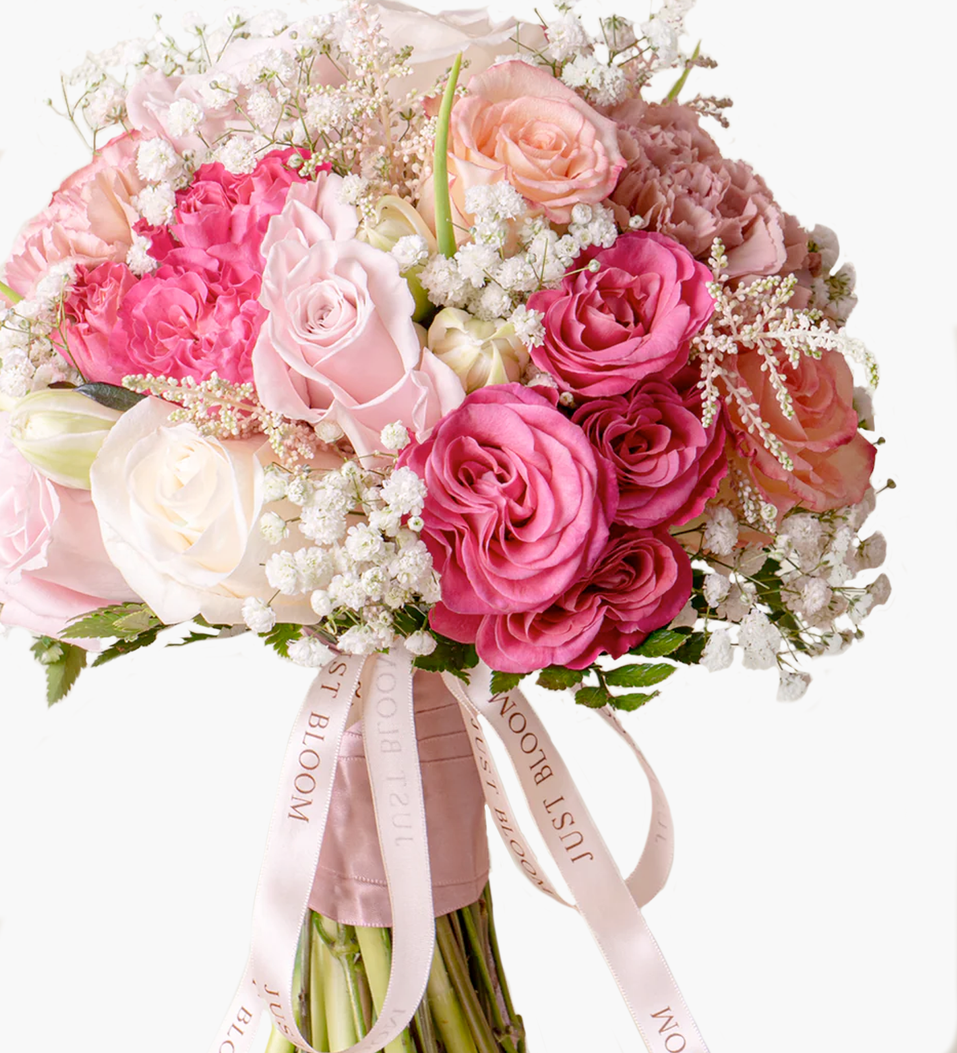 Close-up of Elizabeth bouquet showing roses, carnations, and baby’s breath