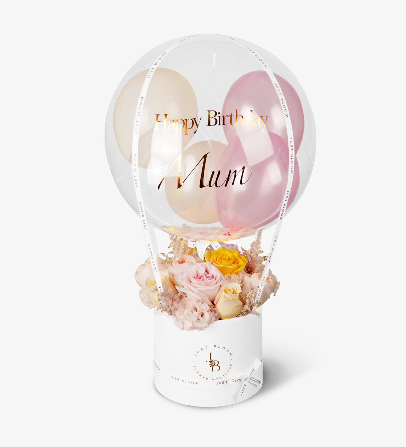 Bristol balloon flower box with blush Ecuadorian roses and Juliet garden roses in soft pastel tones