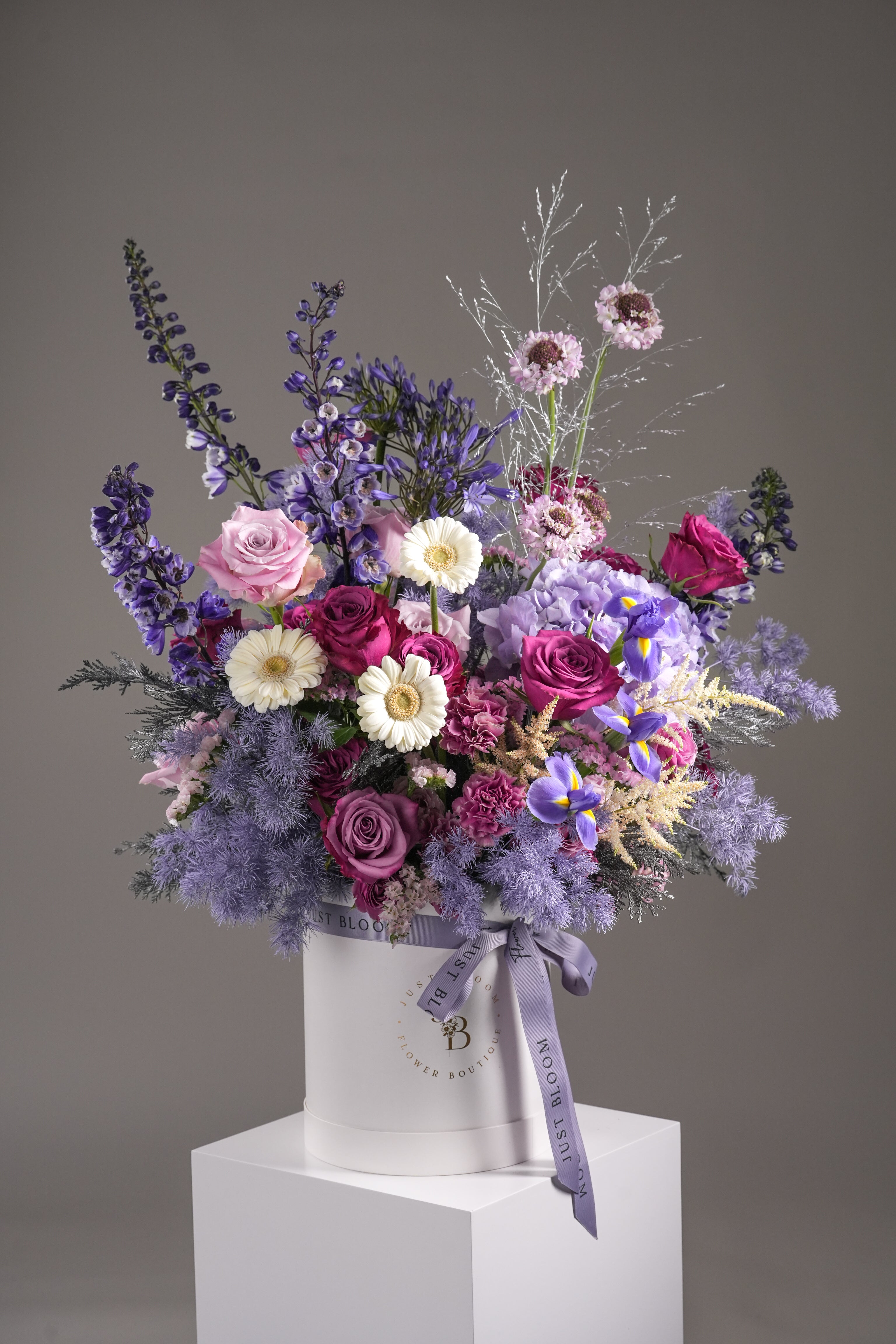 Esther purple flower box with Ecuadorian roses and Dutch irises from Just Bloom Hong Kong