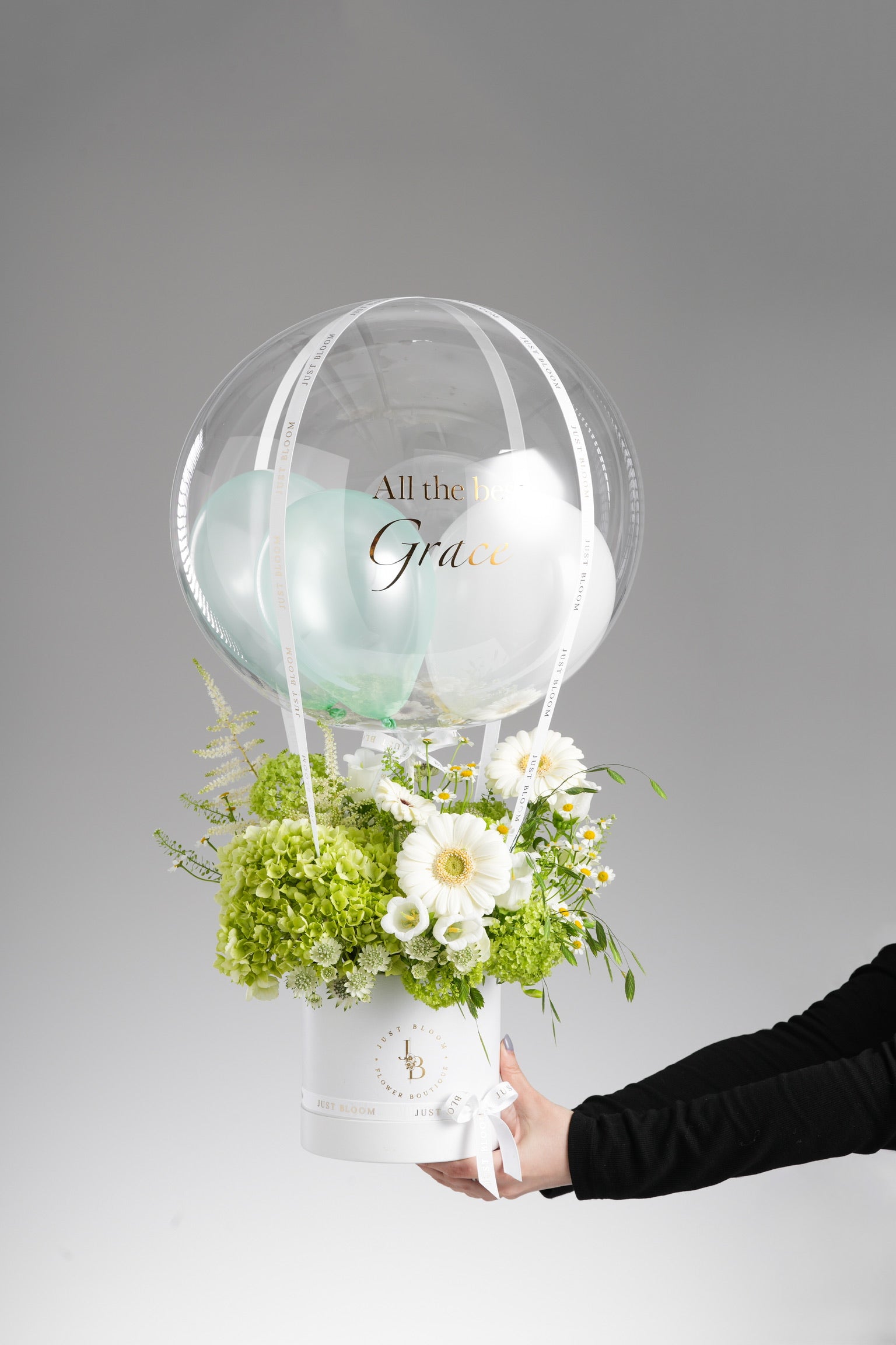 Blakely Flower Box Held in Hand – Serene Green and Cream Floral Gift by Just Bloom Hong Kong