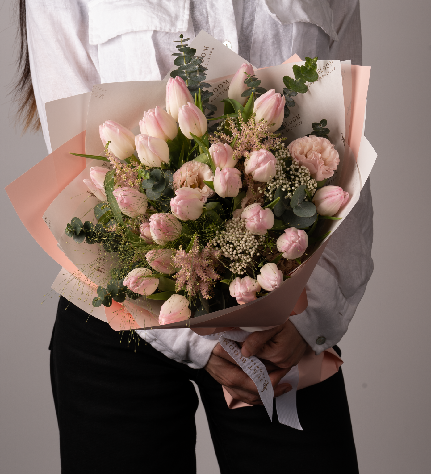 Selah bouquet close-up with blush tulips and delicate Dutch flowers