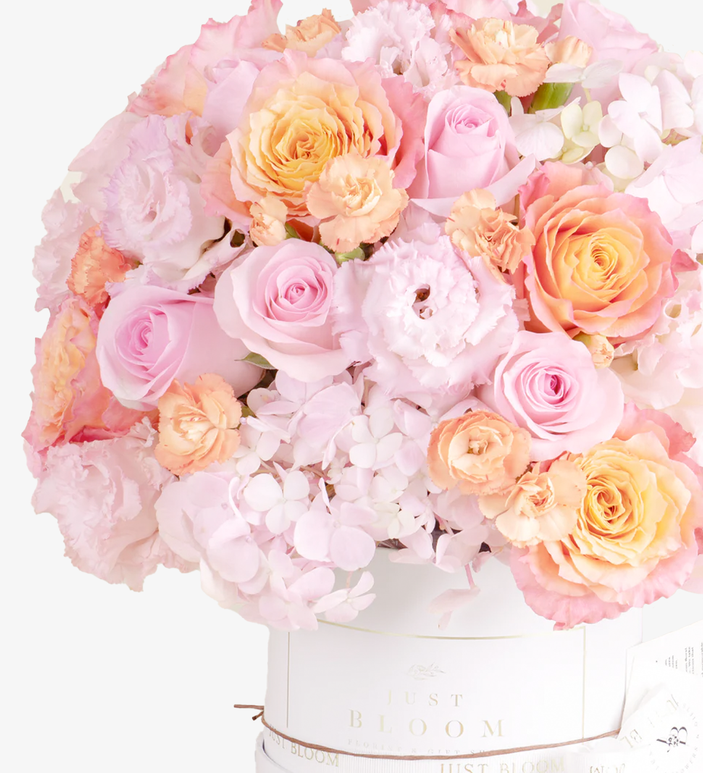 Close-up view of Grace flower box by Just Bloom HK showing Ecuadorian roses and spray roses.