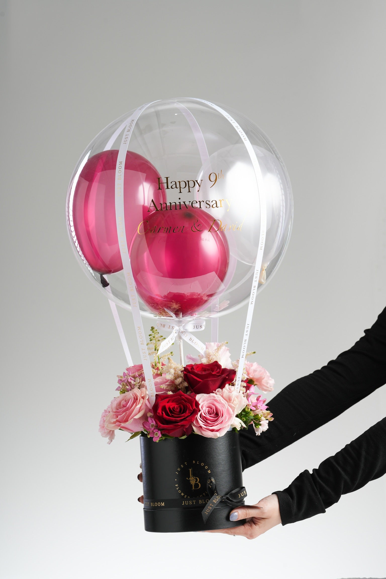 Adalynn anniversary balloon flower box held in hand - Just Bloom HK