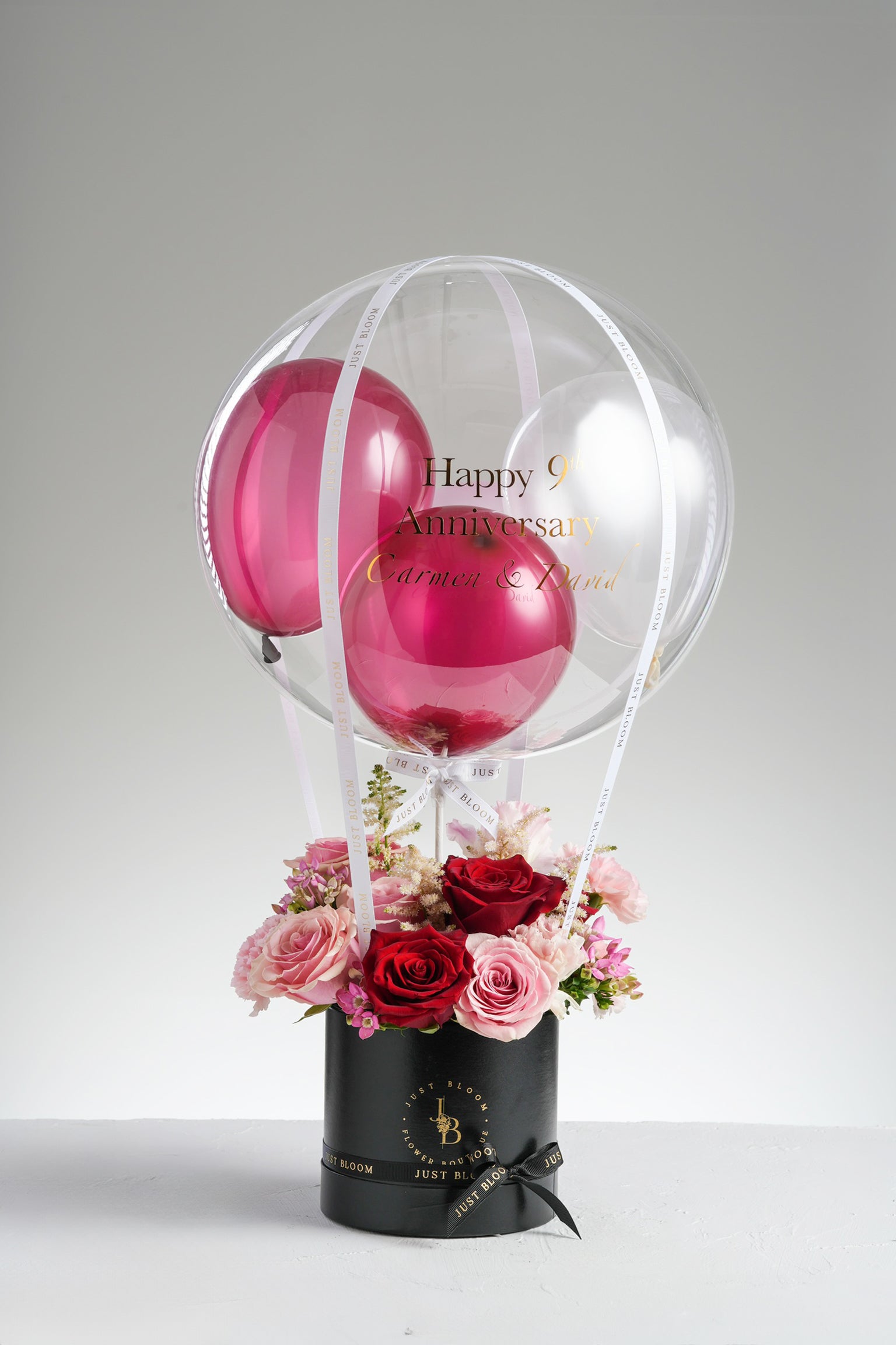 Adalynn black flower box with red and blush roses, topped with crystal balloon - Just Bloom Hong Kong