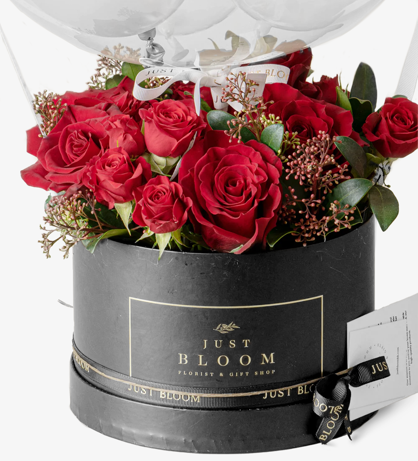 Close-up of Addison black round flower box with red roses and fillers - Just Bloom HK