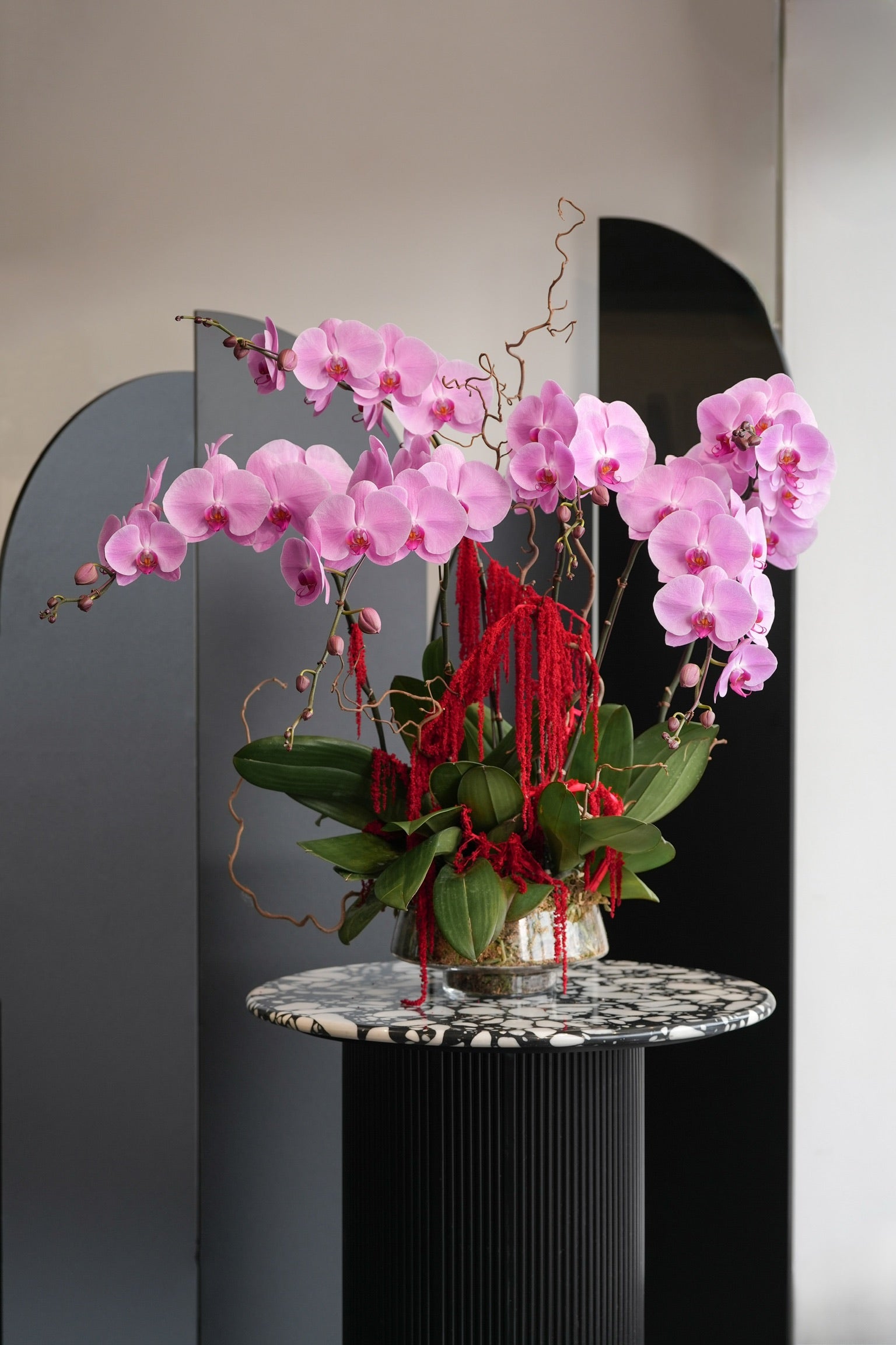 Alma pink Dutch orchid display in marble vase – elegant floral arrangement by Just Bloom HK