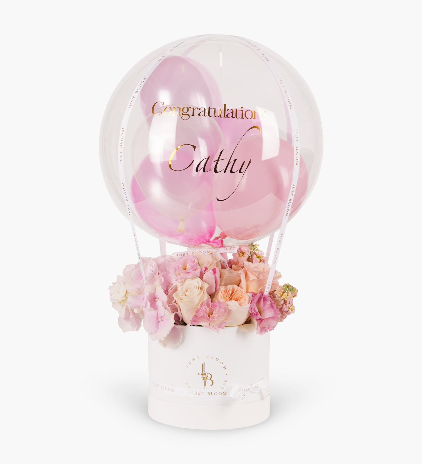 Amy pink flower box with crystal balloon and pastel roses – Just Bloom HK