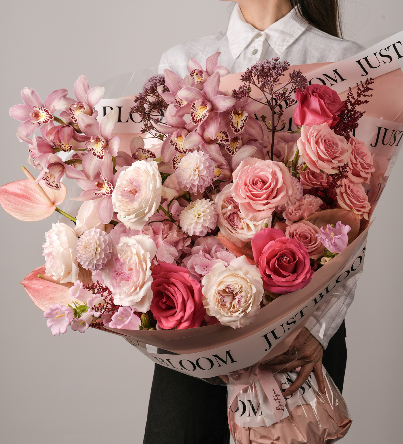 Astrid Premium Pink Rose Bouquet with Orchids and Dutch Flowers by Just Bloom Hong Kong – Close-up view