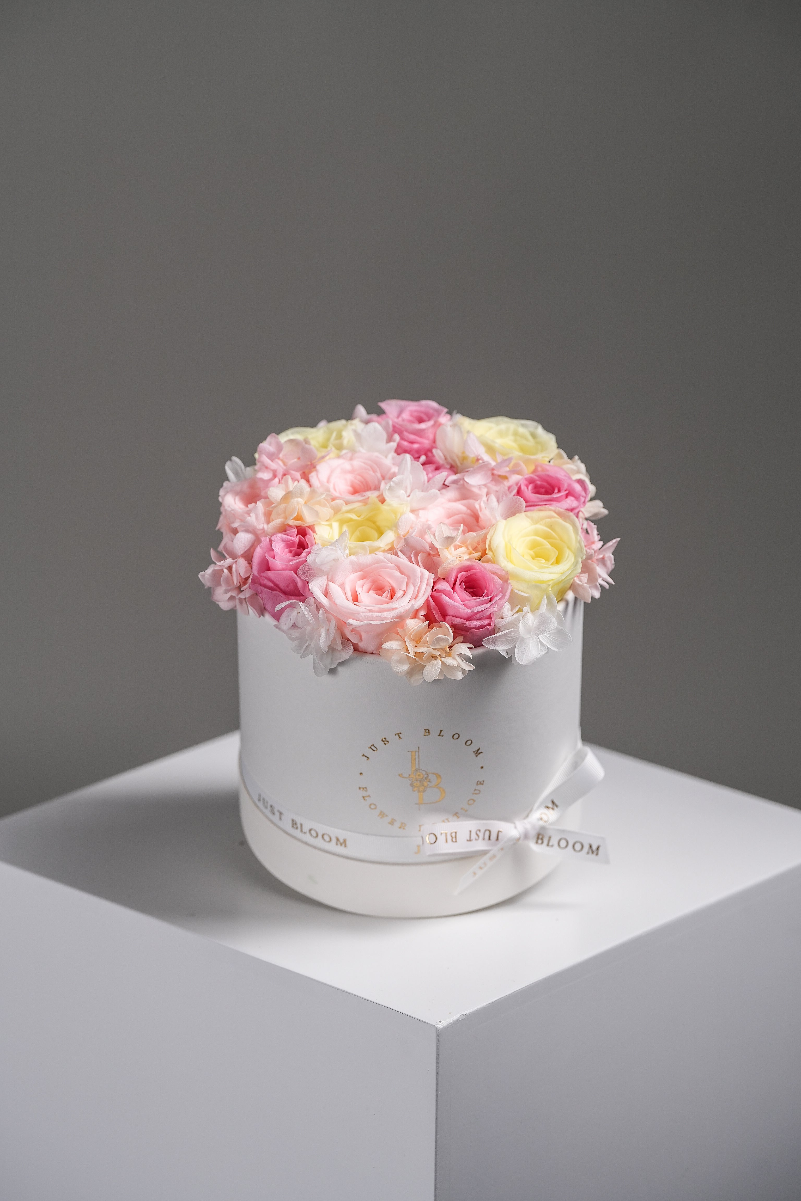 Ava Preserved Rose Flower Box in Pastel Pink and Yellow Tones – Front Product Display by Just Bloom Hong Kong