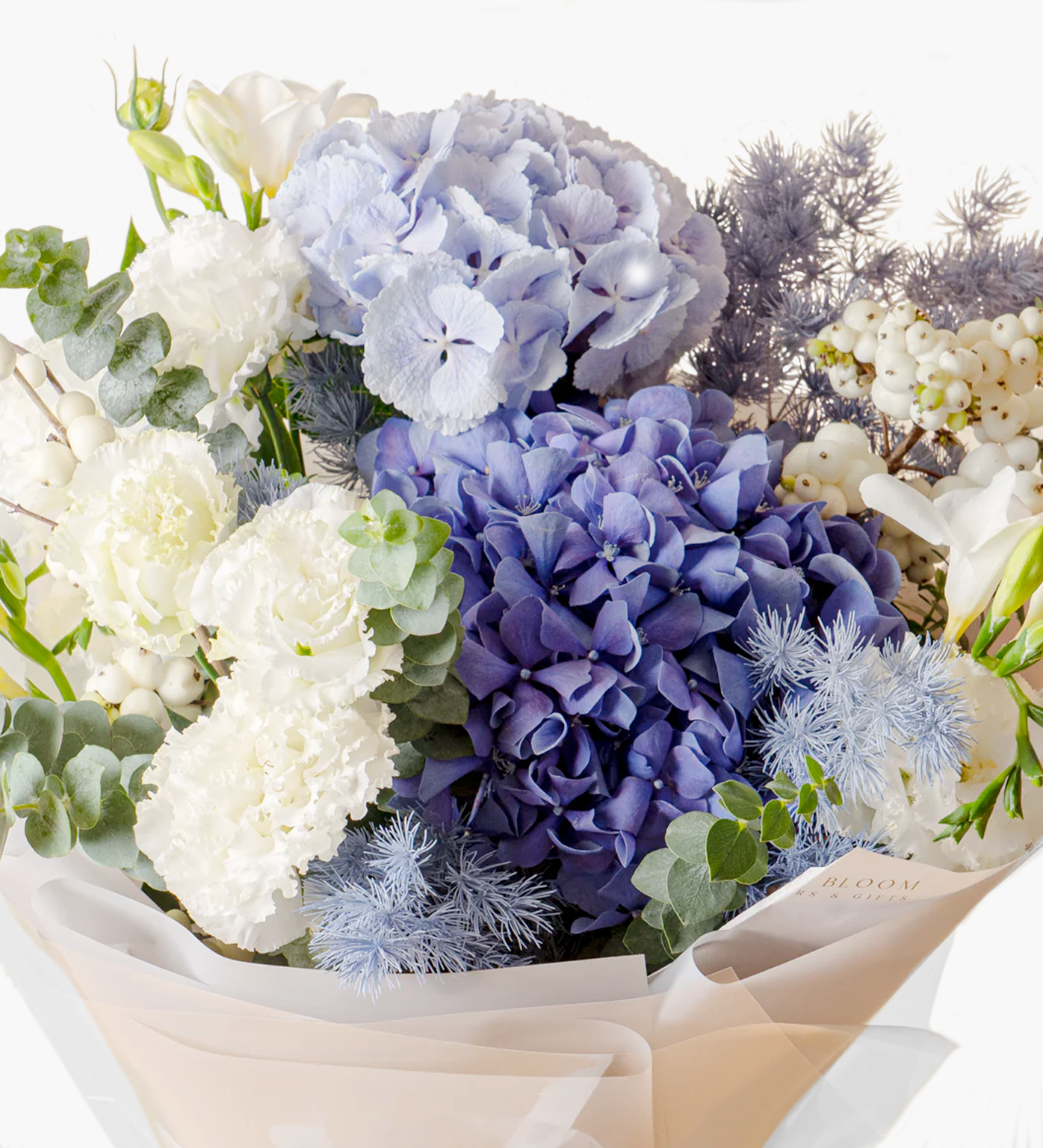Close-up of white carnations and snowberries with soft blue hydrangeas – Ayleen bouquet by Just Bloom Hong Kong