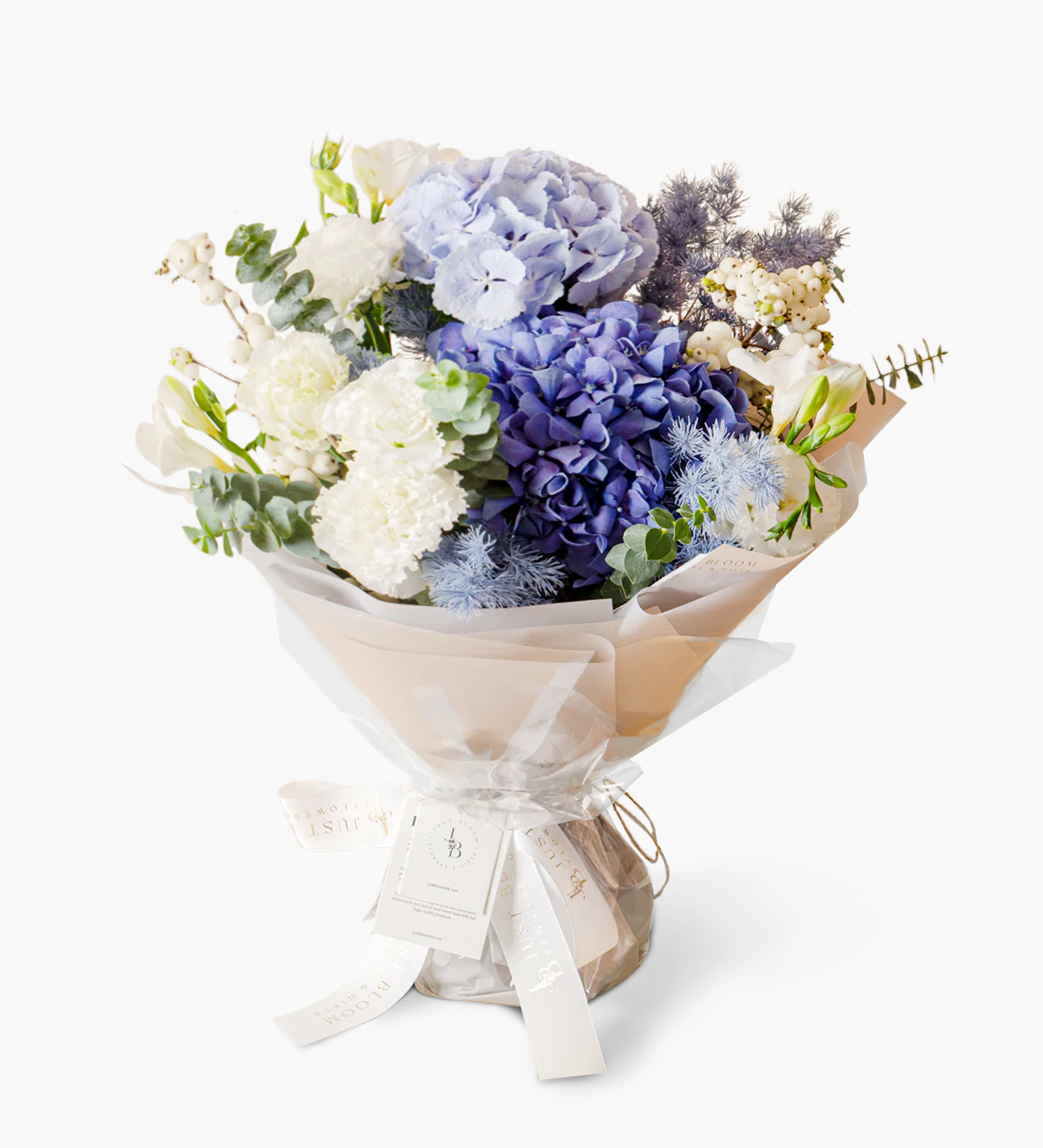 Blue and white hydrangea bouquet Ayleen wrapped in neutral pastel tones – Just Bloom Hong Kong