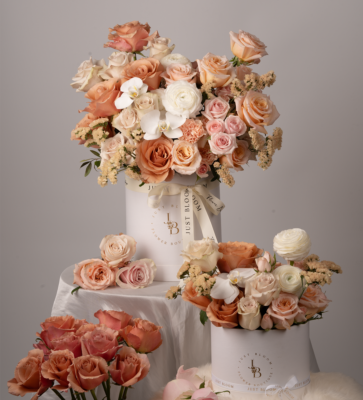 Aylin Peach and Nude Rose Flower Box with Orchids and Ranunculus – Full Front View by Just Bloom Hong Kong