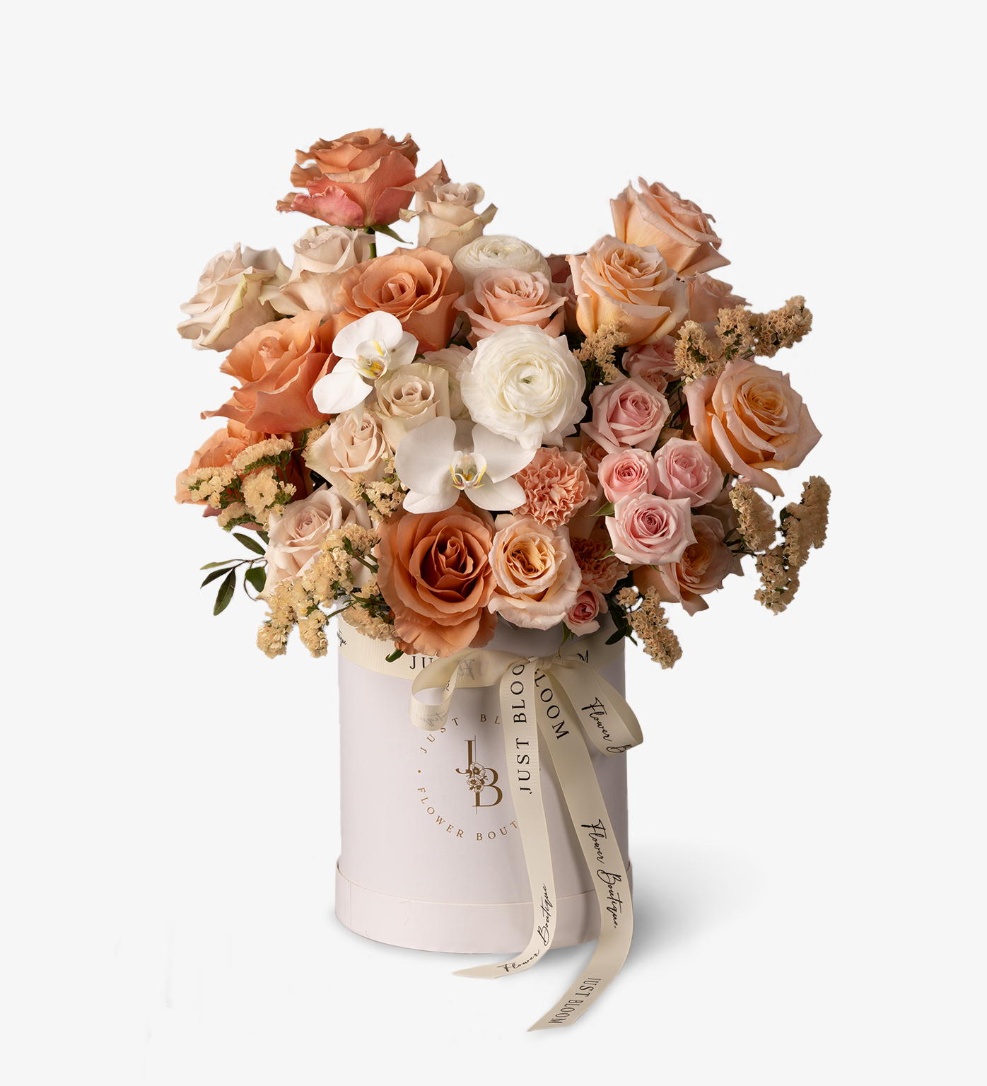 Aylin Peach and Nude Rose Flower Box with Orchids and Ranunculus – Full Front View by Just Bloom Hong Kong