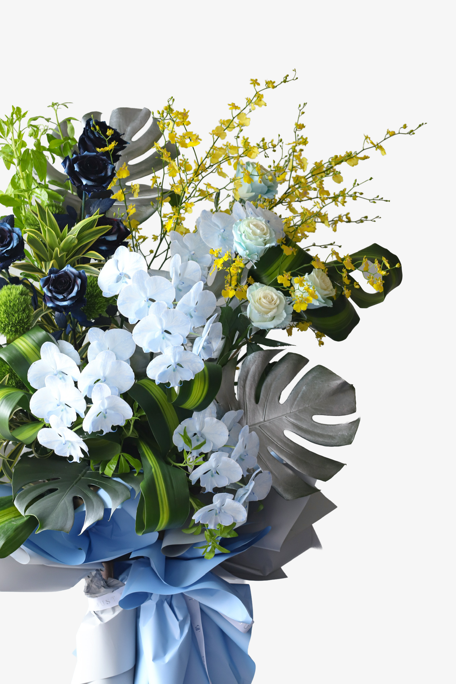 Close-up of Blue Horizon flower stand by Just Bloom Hong Kong featuring cascading white phalaenopsis orchids, silver monstera leaves and yellow winter jasmine