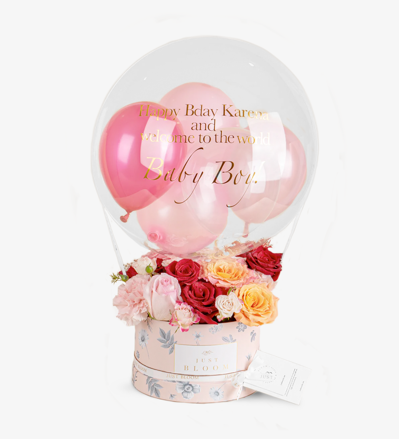 Brinley birthday flower box with pink and peach Ecuadorian roses and crystal balloons – Just Bloom Hong Kong floral gift