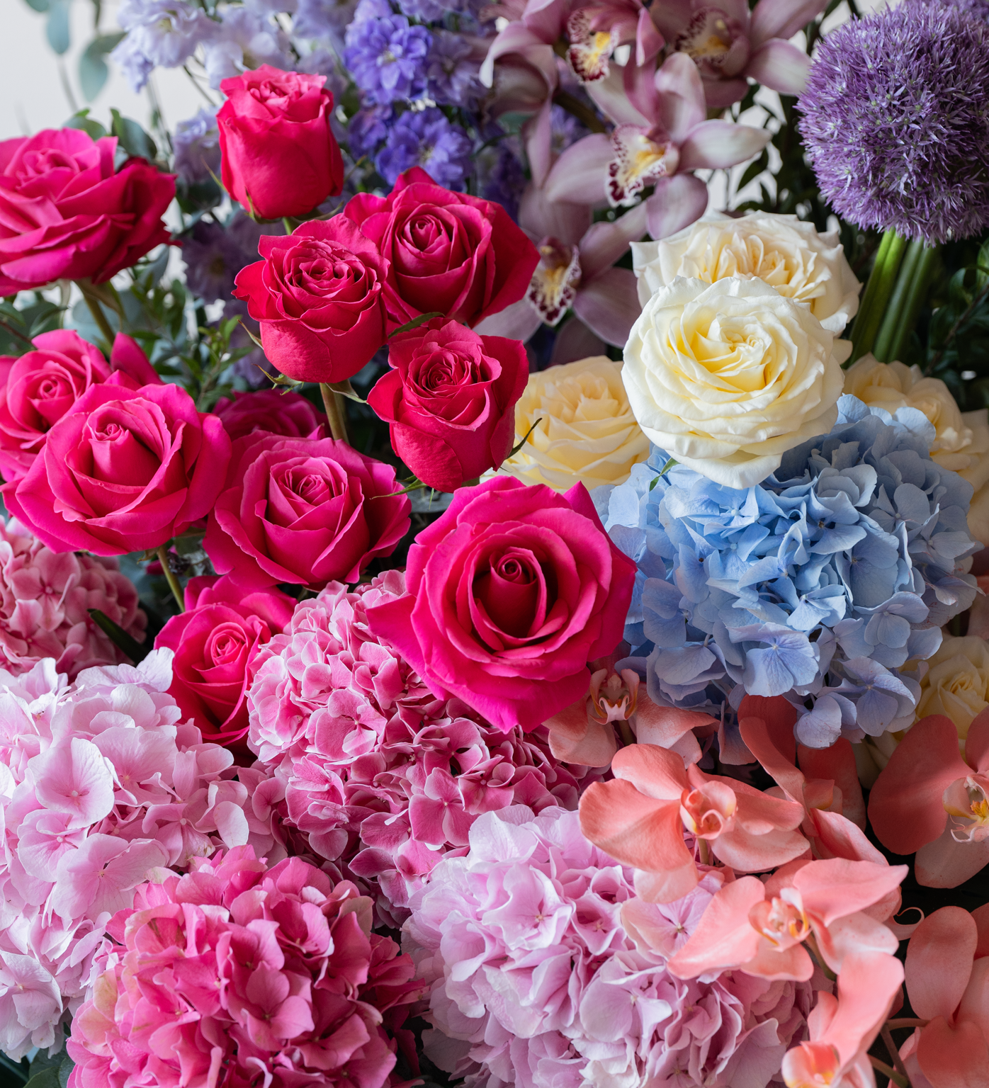 Close-up of pink roses, pastel hydrangeas, orchids and premium blooms from Francesca flower stand