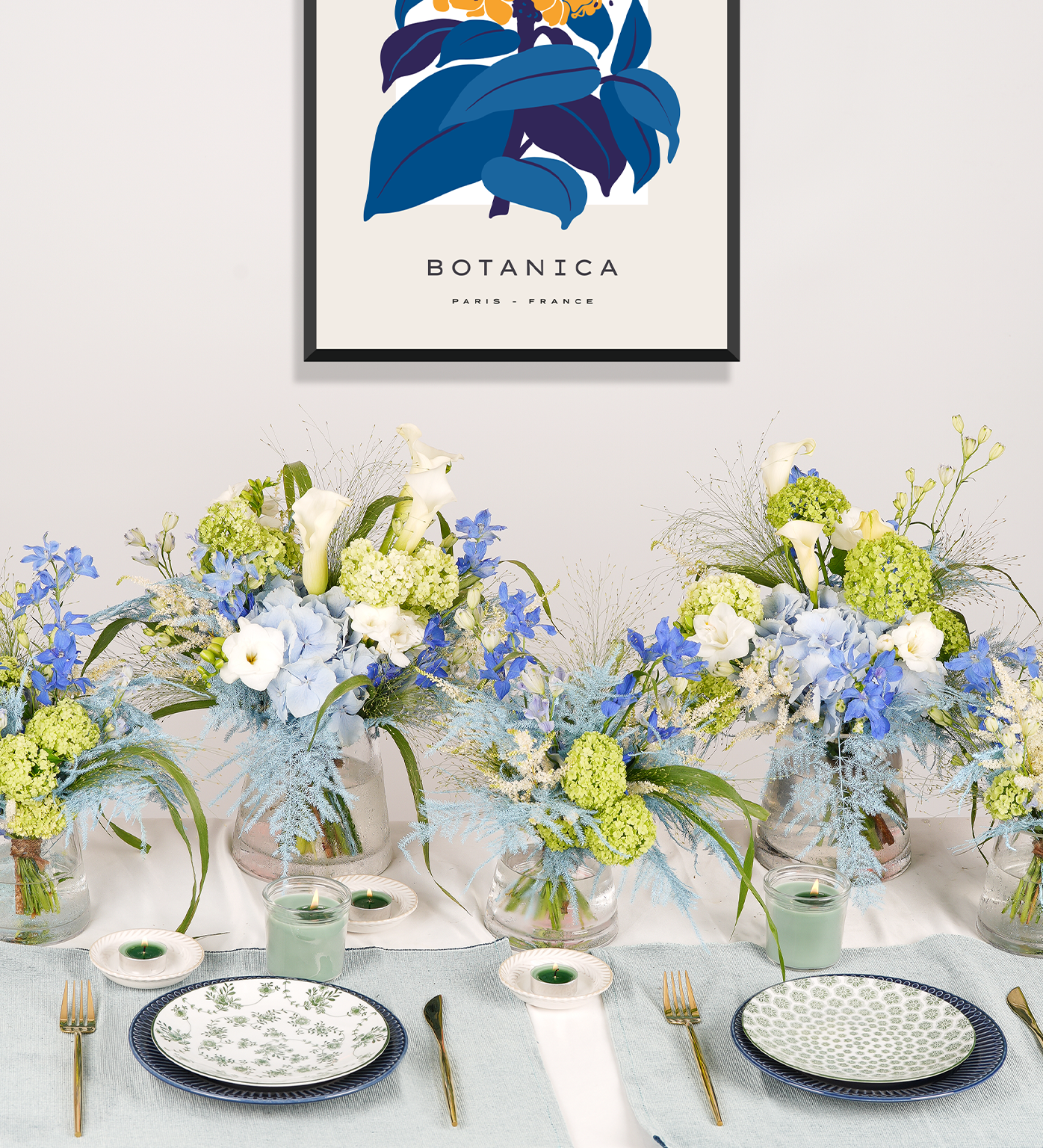 Collins Table Centrepiece with Viburnum, Astilbe, Delphiniums, Hydrangeas, Calla Lilies, and Tinted Foliage by Just Bloom Hong Kong