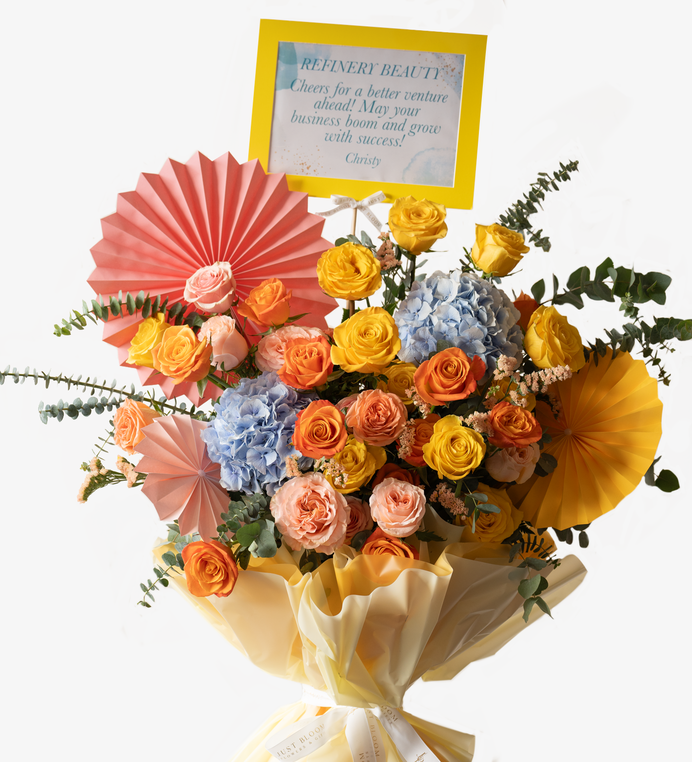 Colourful flower stand with roses and hydrangea in orange, yellow, blush, and blue tones by Just Bloom – Hong Kong grand opening floral gift