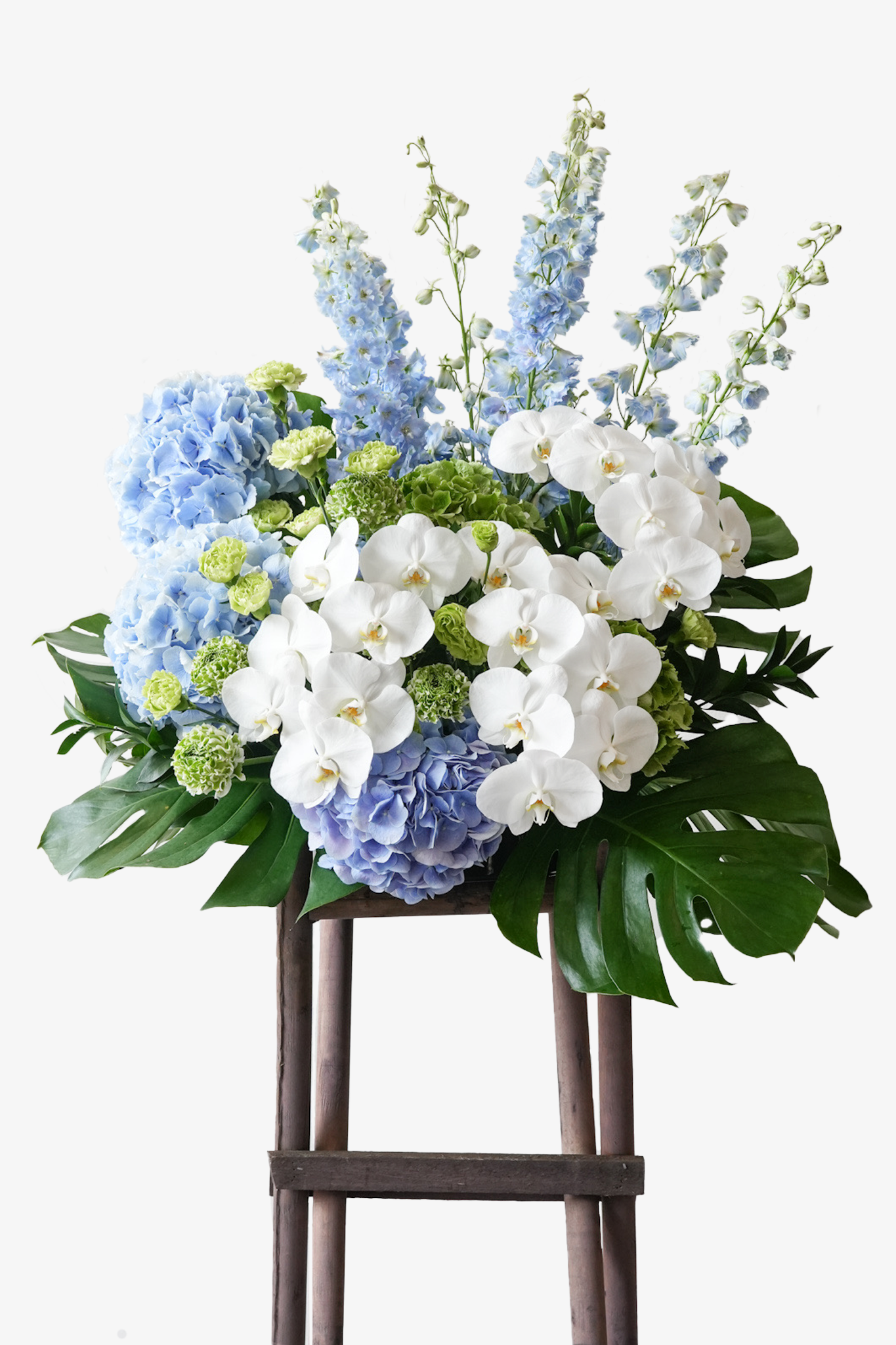 White orchid and blue hydrangea grand opening flower stand by Just Bloom HK