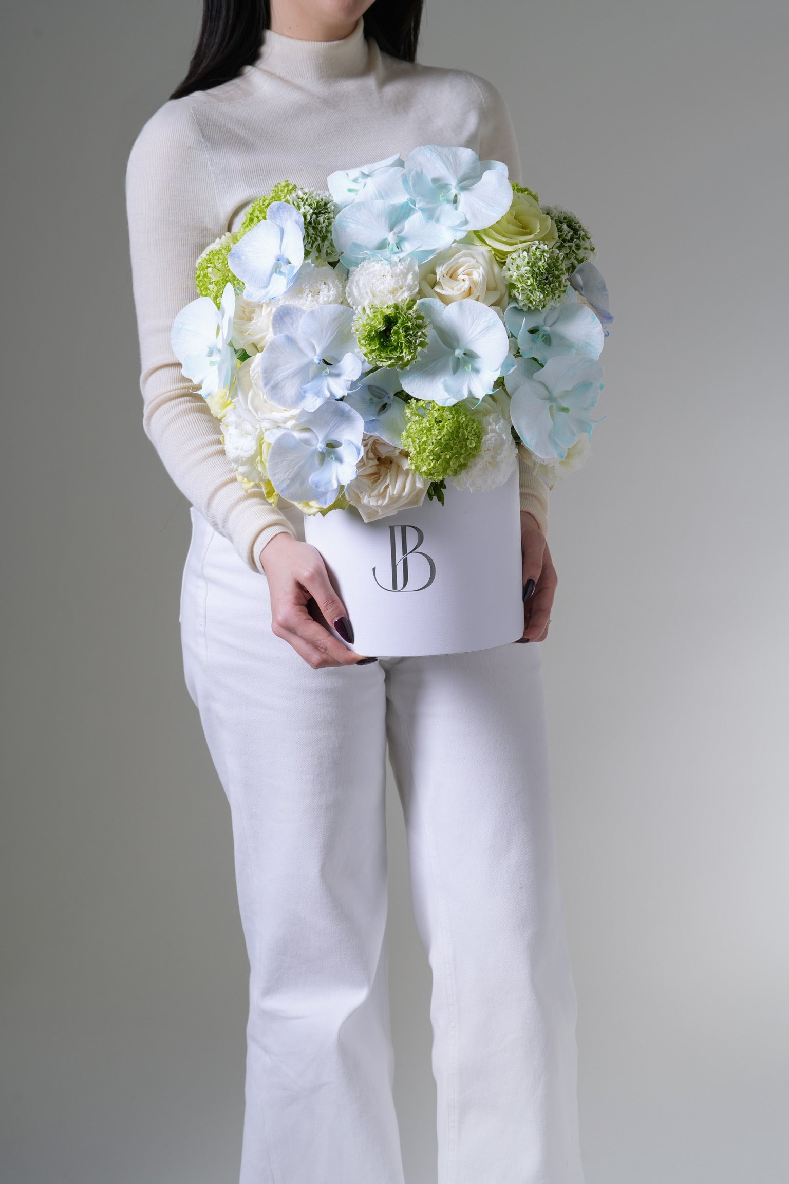 Soft Sky dome shape fresh flower box with orchids hydrangeas and green blooms Just Bloom Hong Kong