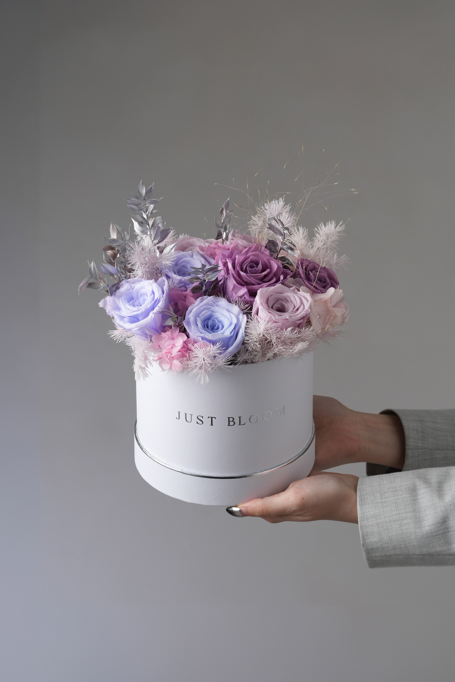 Lavender and ice blue preserved rose box with silver foliage – dreamy floral gift Just Bloom HK