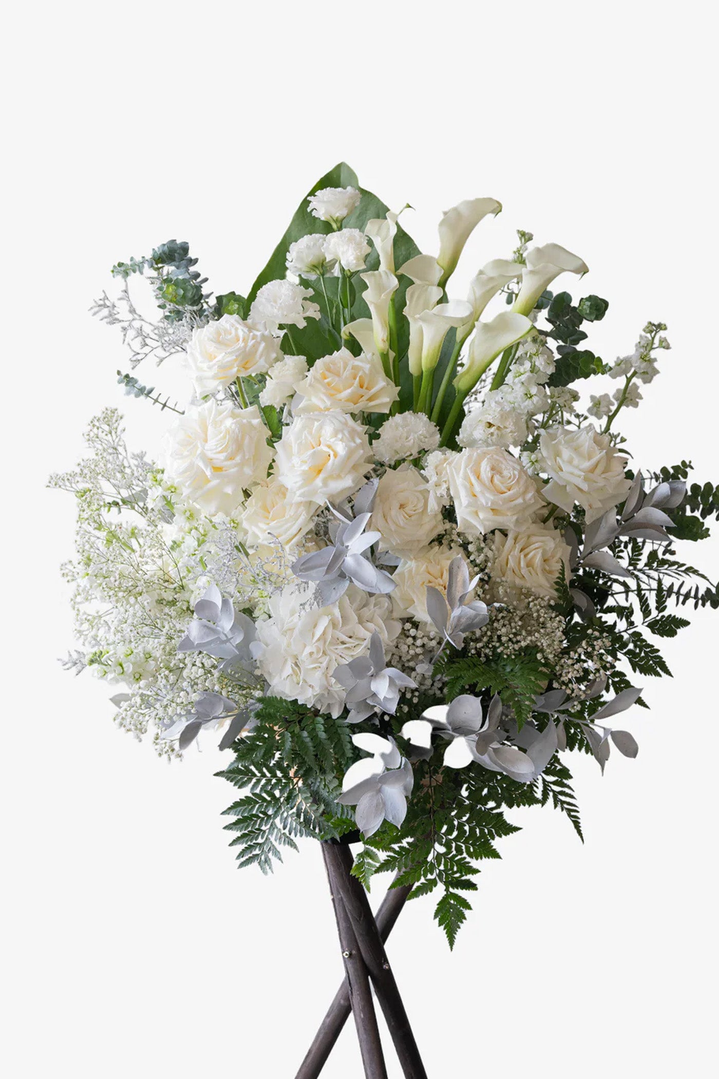 Elegance white sympathy flower stand with calla lilies and Ecuadorian roses