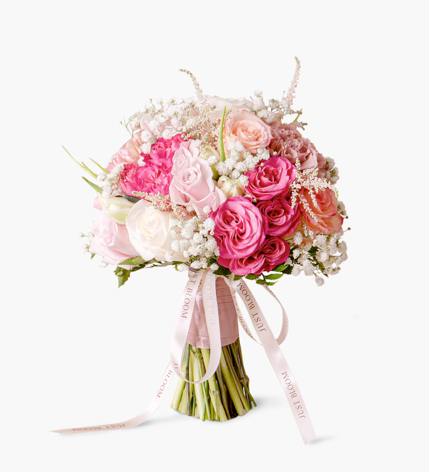 Elizabeth pink bridal bouquet front view with ribbon