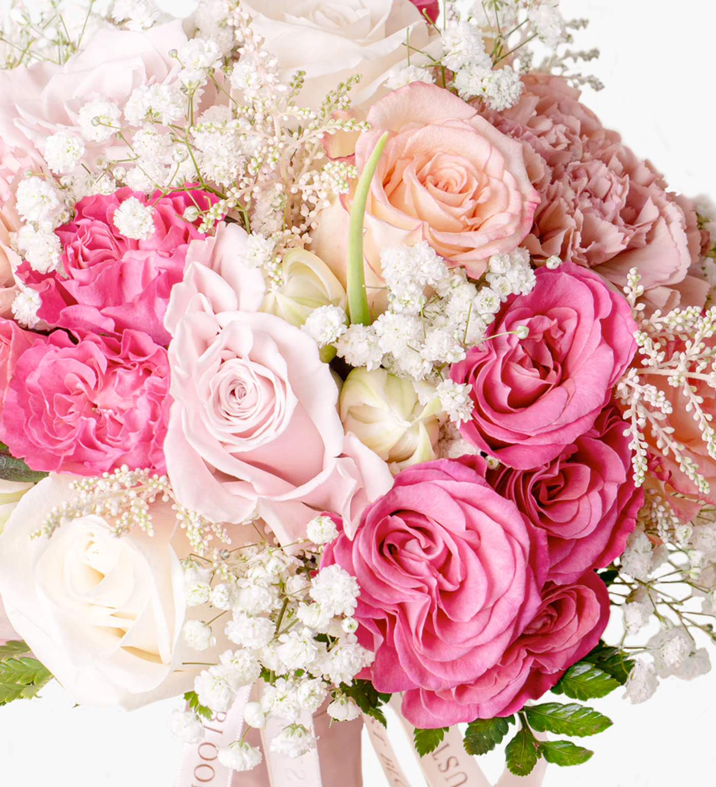 Detailed flower texture of pink roses and gypsophila in Elizabeth bouquet