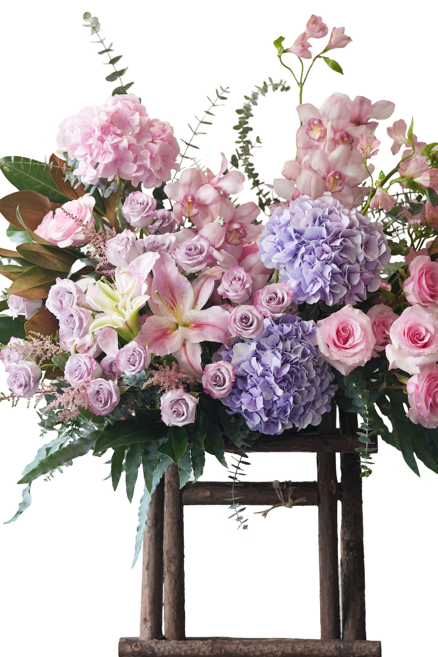 Side angle of Elora standing flower arrangement in soft pastel tones – Just Bloom Hong Kong