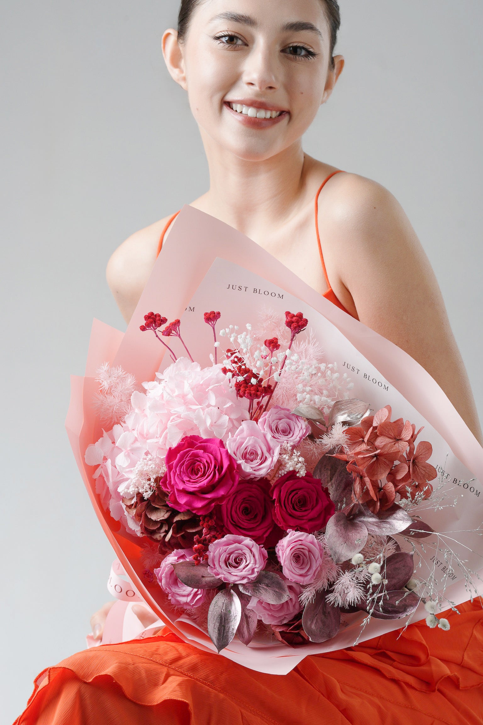 Endless Thanks bouquet flat-lay view with pink tones