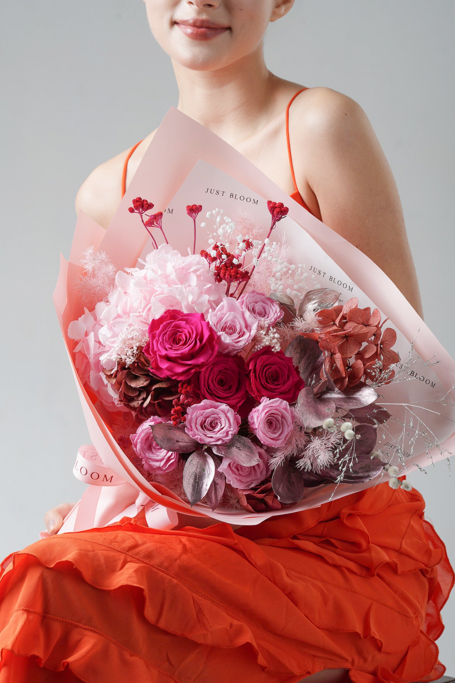 Endless Thanks - A preserved flower bouquet for Mother’s Day 2025 featuring pink roses, hydrangeas, red accents, and silver foliage. A lasting tribute to love and gratitude. Available for delivery in Hong Kong by Just Bloom.