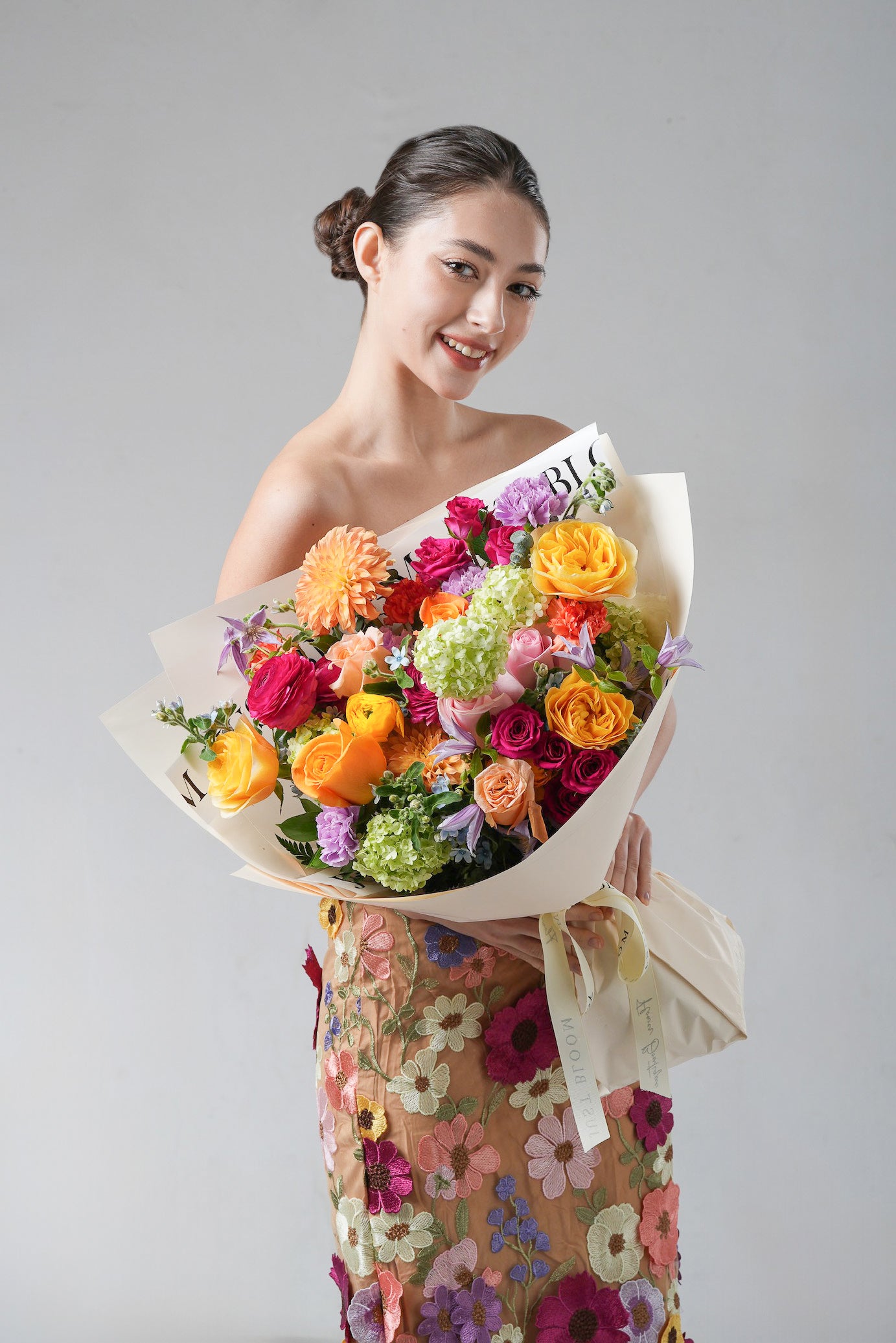 Everyday With You - A vibrant bouquet featuring mixed roses, dahlias, lisianthus, and hydrangeas in a colourful palette. A joyful floral gift by Just Bloom HK