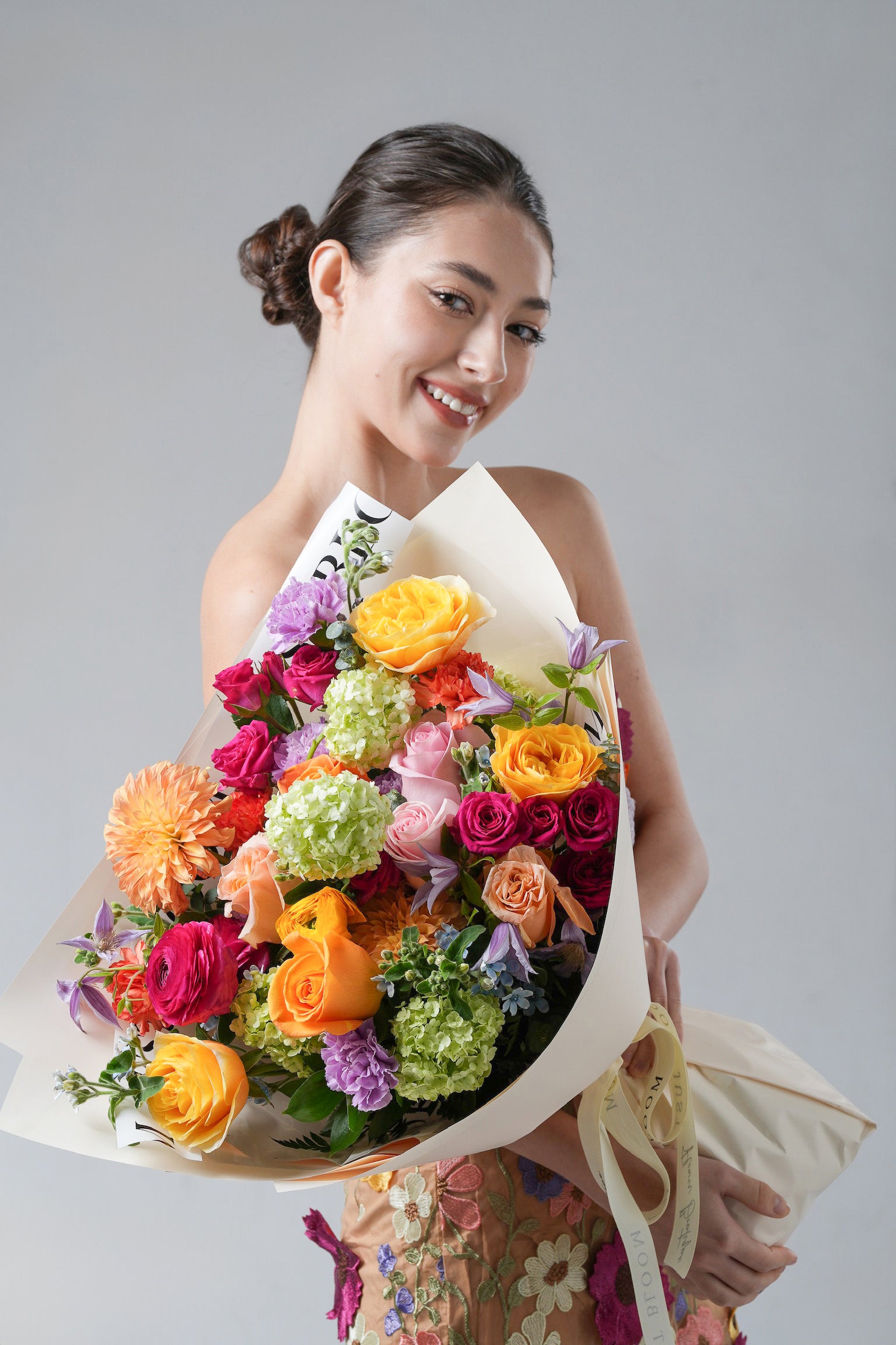 Everyday With You - A vibrant bouquet featuring mixed roses, dahlias, lisianthus, and hydrangeas in a colourful palette. A joyful floral gift by Just Bloom HK