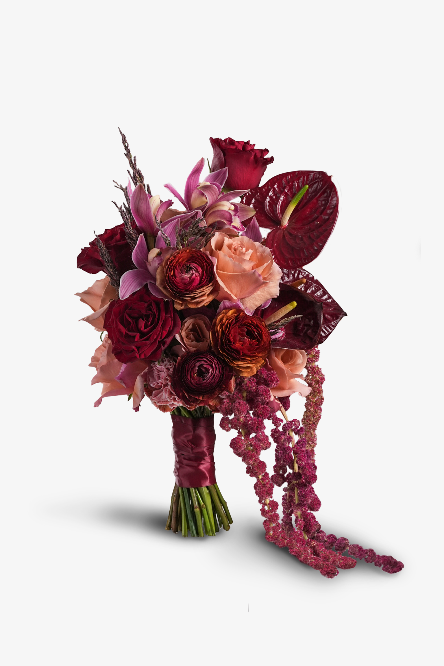 Gloria bridal bouquet with deep burgundy Ecuadorian roses and cymbidiums – Just Bloom HK