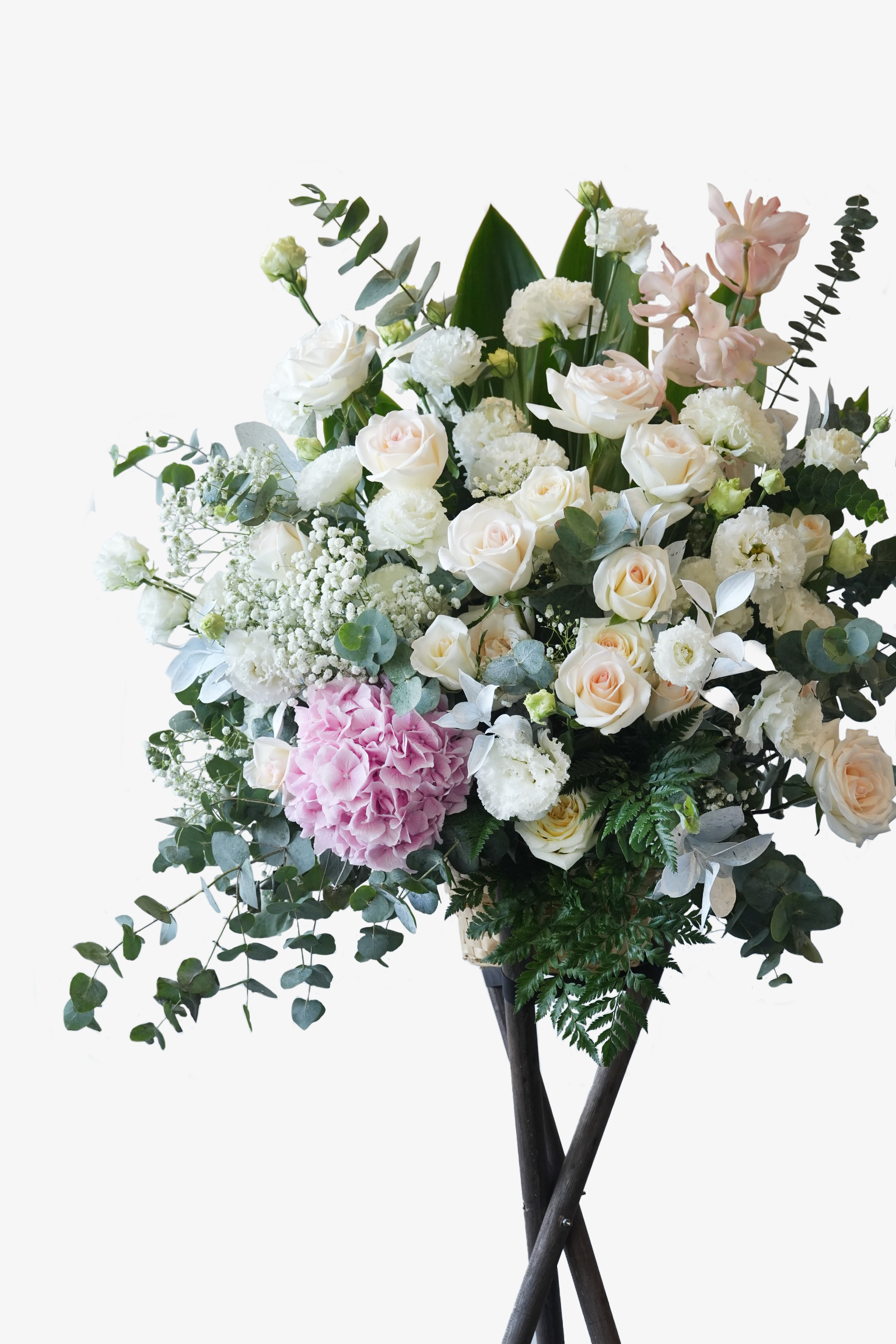 Close-up of white and pink condolence flower stand featuring roses and hydrangeas – Graceful Farewell by Just Bloom HK