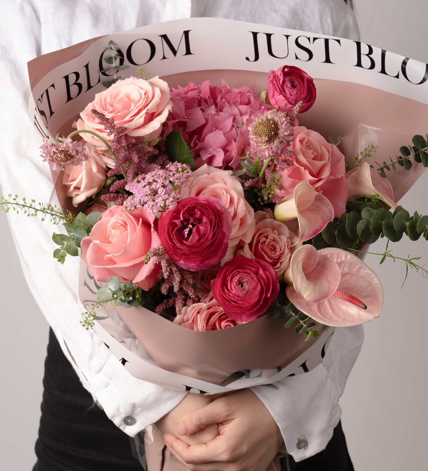 Jennifer captivating bouquet premium roses Dutch hydrangeas anthuriums modern elegant Just Bloom HK