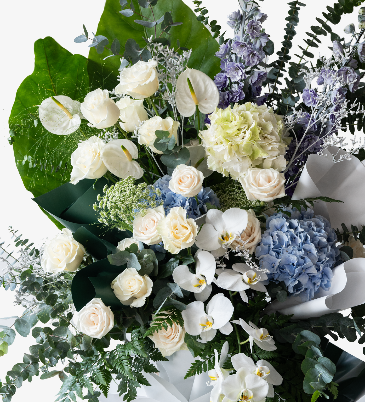 Just Bloom HK grand opening floral stand featuring premium pastel roses and vibrant delphiniums – Hattie arrangement
