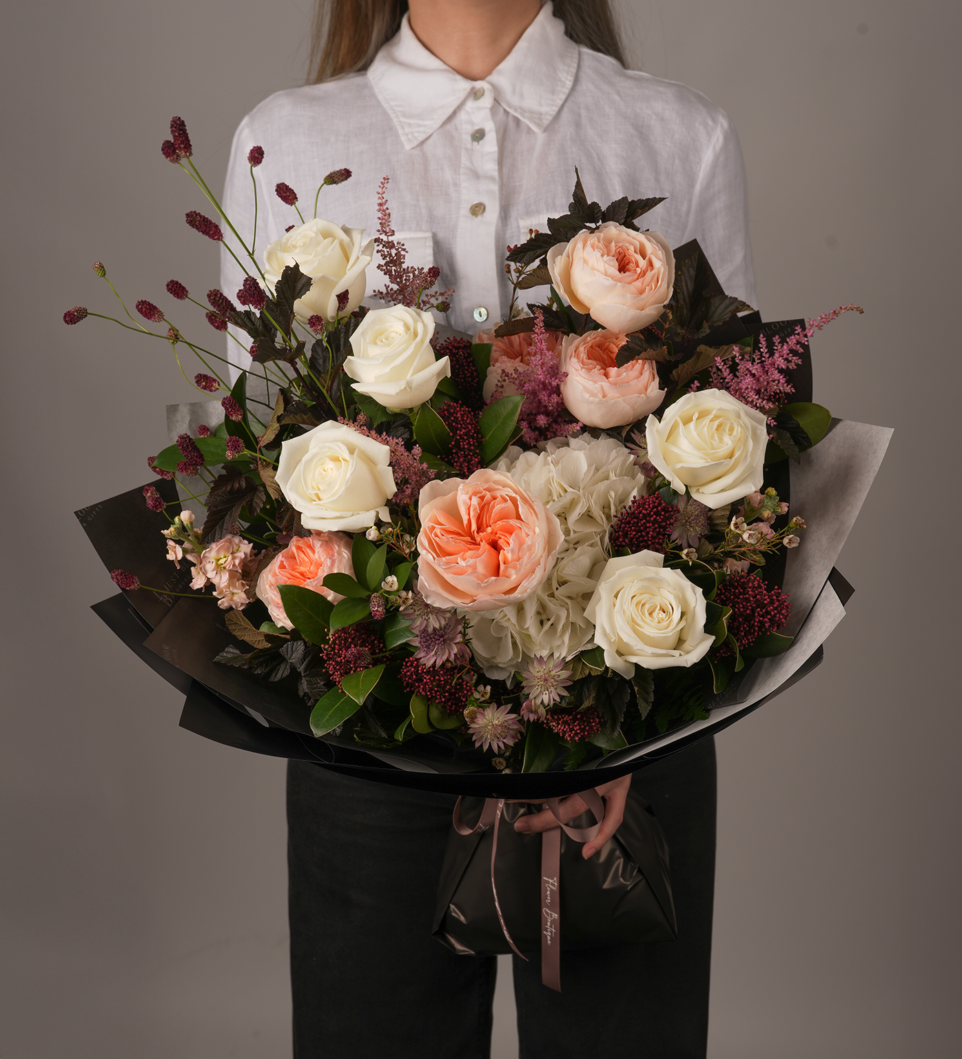 Just Bloom Hong Kong Armani bouquet – elegant coral and white hand-tied flower bouquet with garden roses and hydrangea