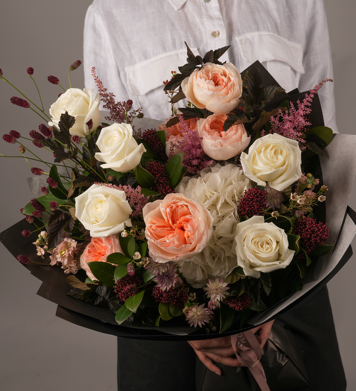 Just Bloom Hong Kong Armani flower bouquet – chic floral design with Juliet garden rose and premium white roses