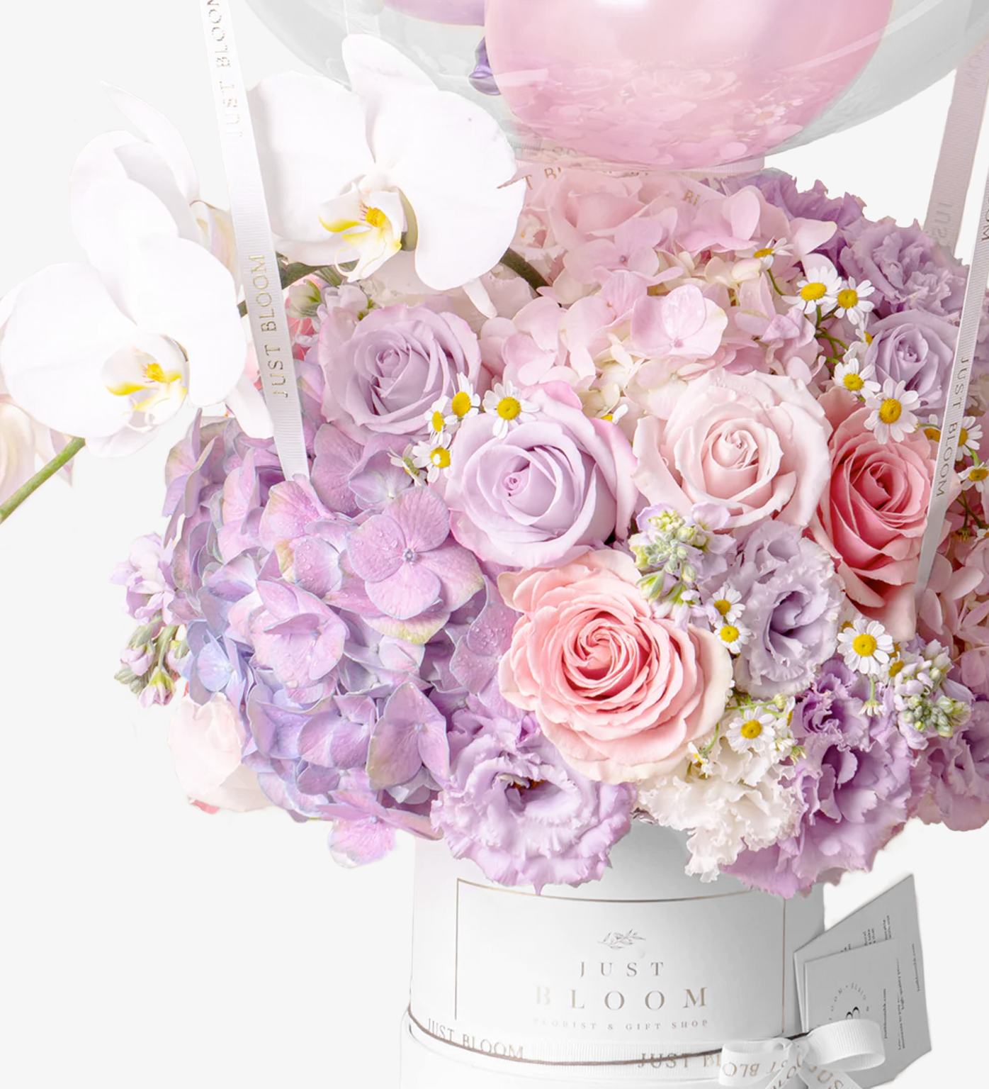 Elegant birthday flower box with Ecuadorian roses, moth orchids and chamomiles – Harper by Just Bloom Hong Kong