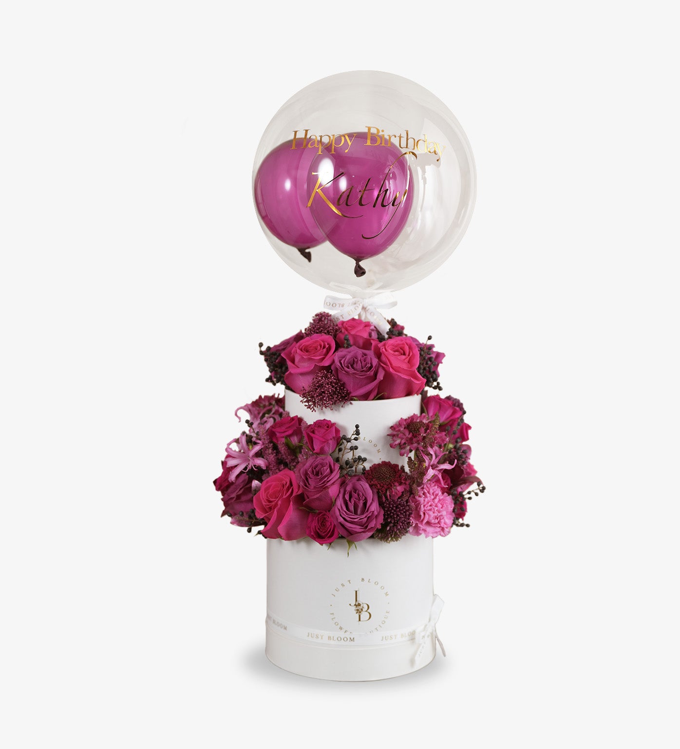 Abby layered cake flower box with pink and purple roses and crystal balloon - Just Bloom Hong Kong