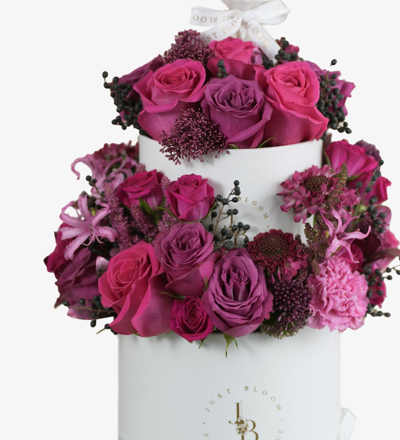 Close-up of Abby floral cake box with berry roses and eustomas - Just Bloom HK