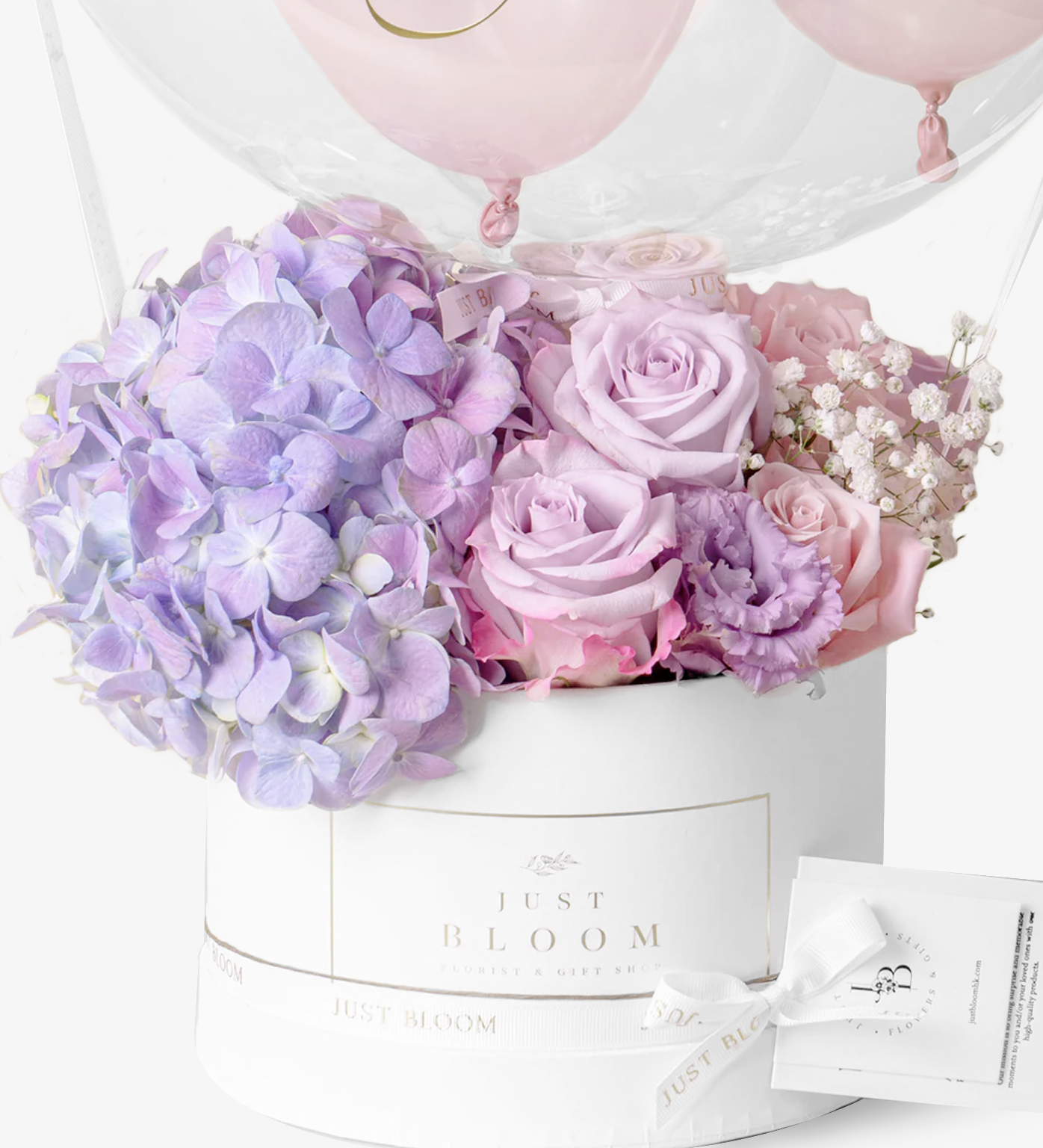 Pastel lavender and pink flower box with roses and hydrangea by Just Bloom – Hong Kong flower gift (balloon sold separately)
