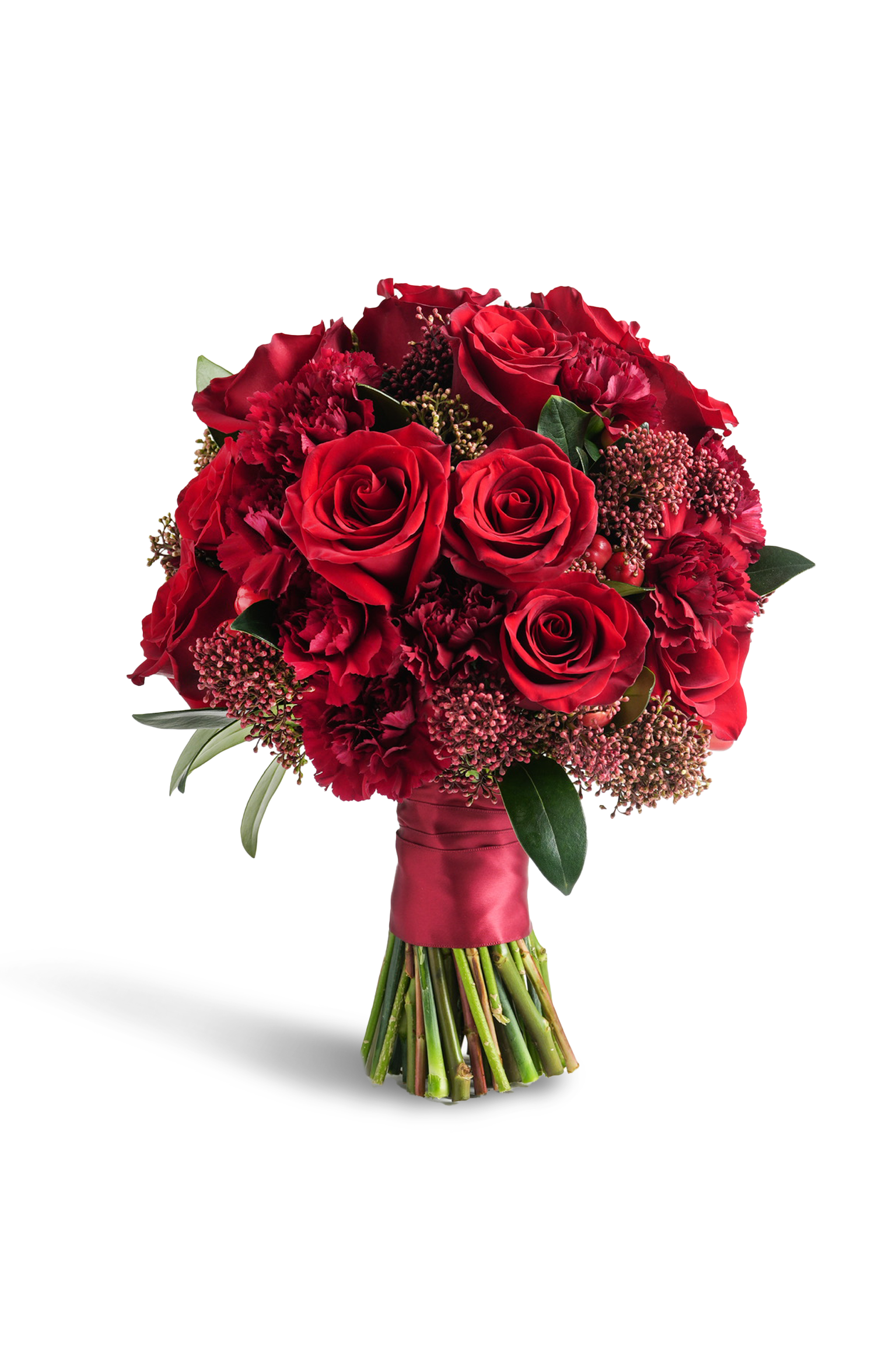 Liv - A bold and romantic red bridal bouquet featuring Ecuadorian roses, Dutch carnations, skimmia, hypericum berries, and lush greenery. Designed for brides seeking passion and elegance. Available for delivery in Hong Kong by Just Bloom.