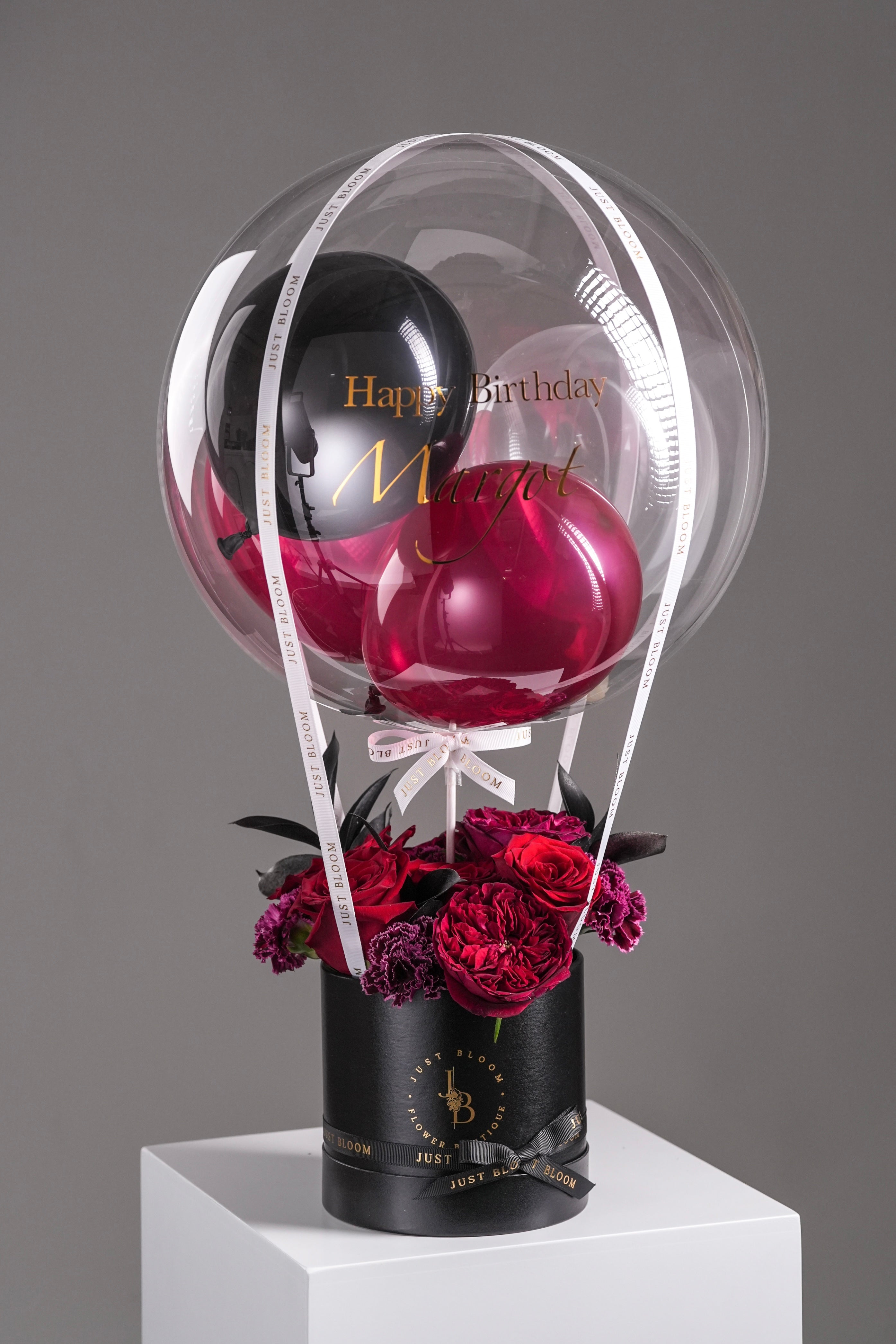 Micky birthday balloon floral box with red roses and burgundy carnations