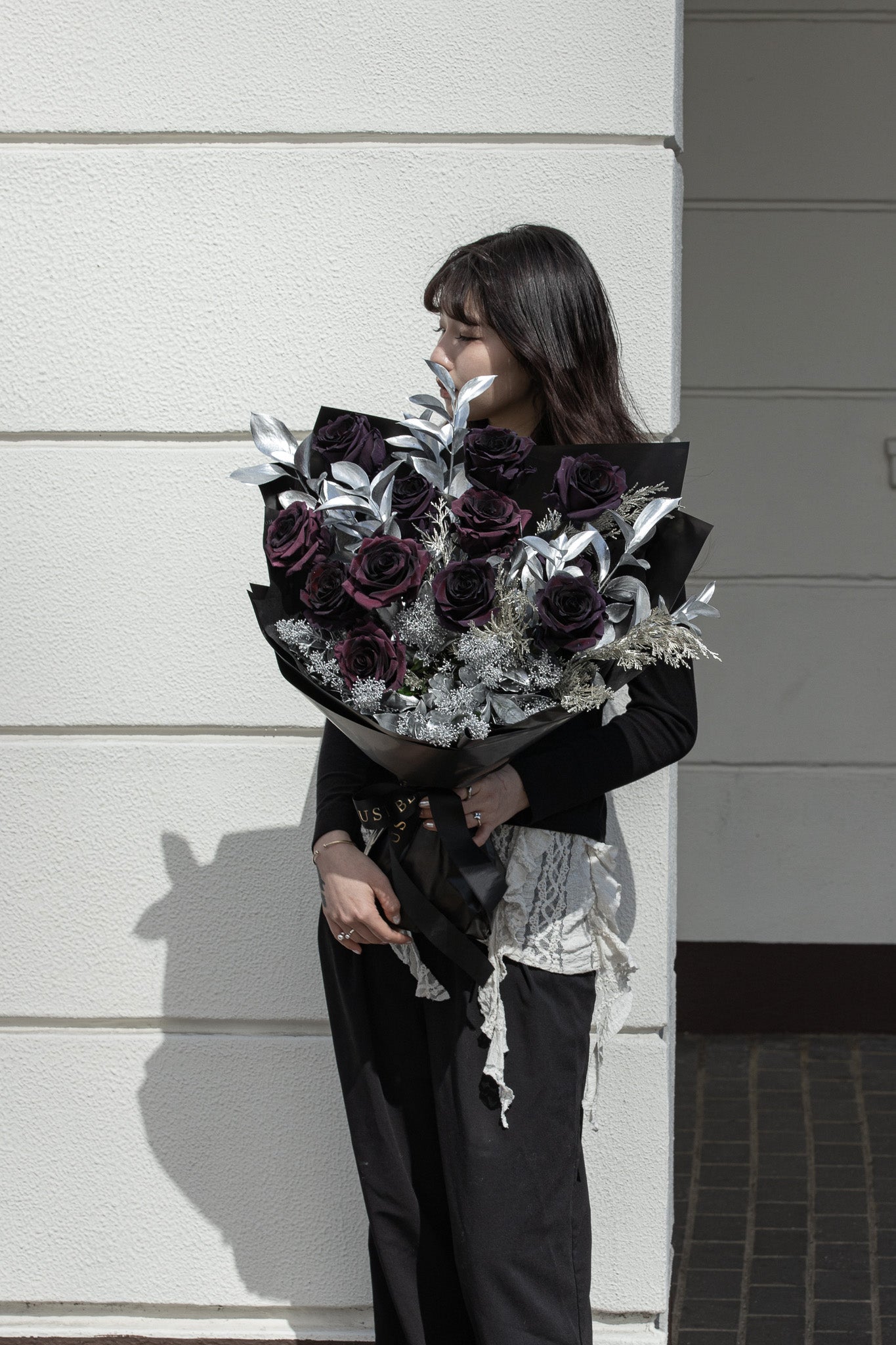 Midnight Passion fresh flower bouquet with deep burgundy black roses and silver foliage for Valentine's Day