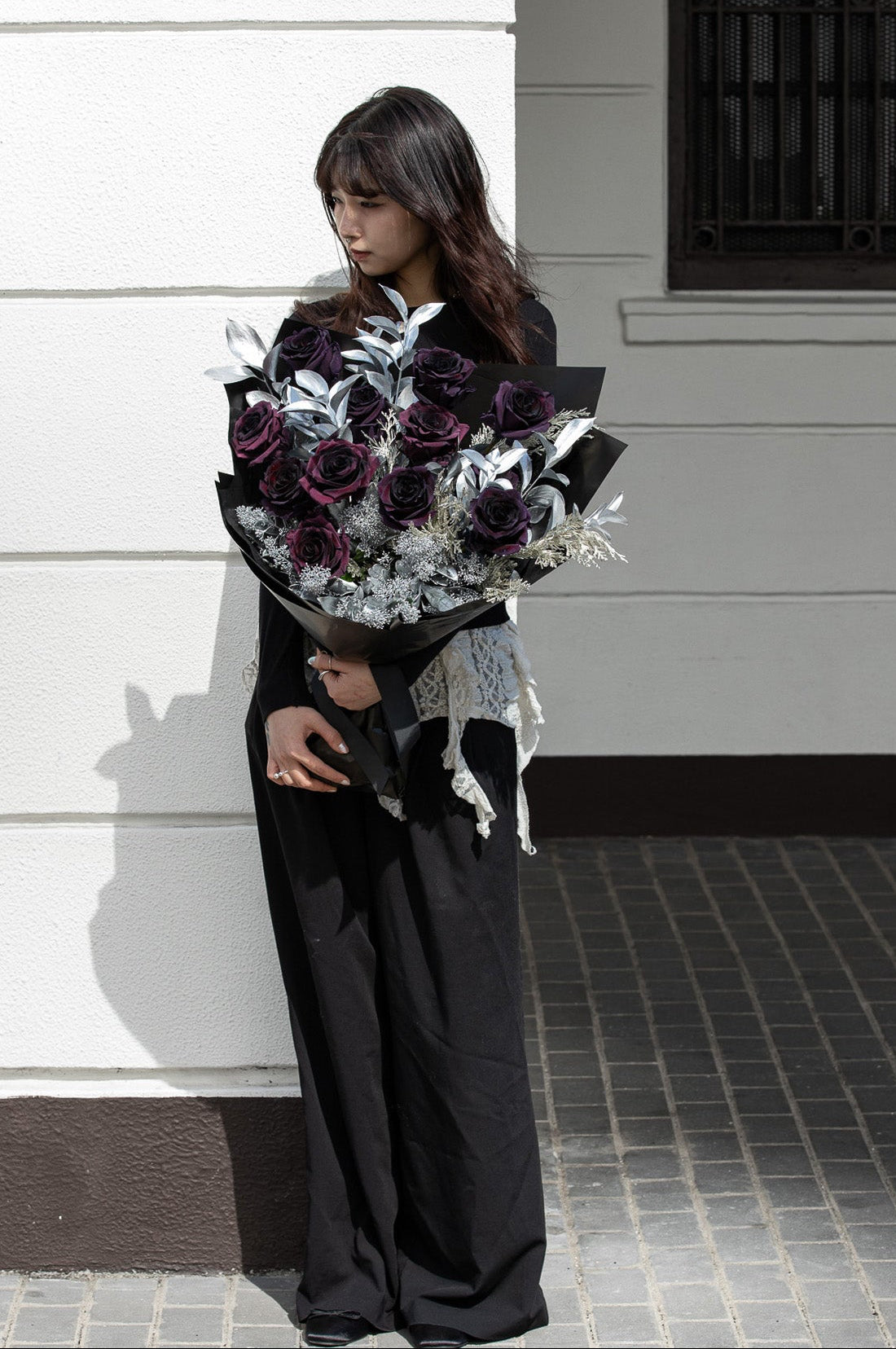 Midnight Passion fresh flower bouquet with deep burgundy black roses and silver foliage for Valentine's Day