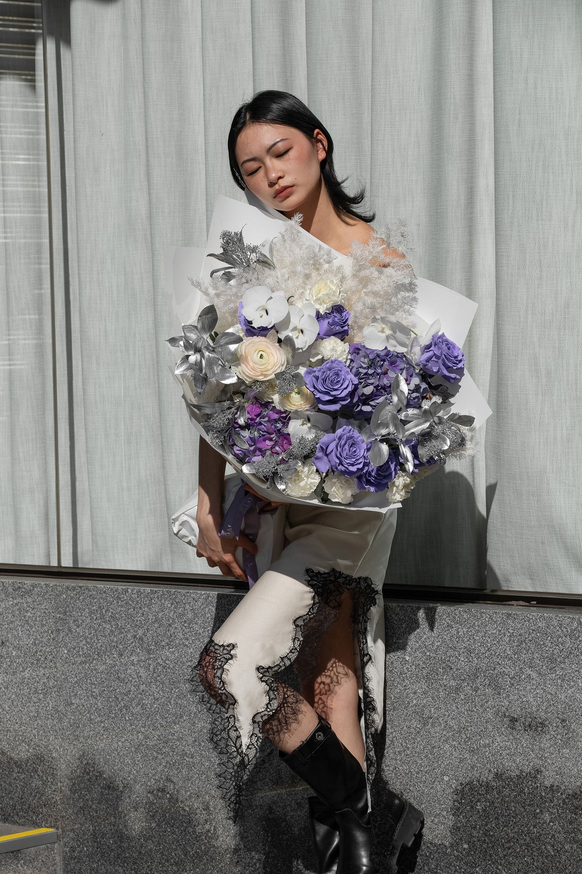Moonlit Love fresh flower bouquet with purple roses white blooms and silver foliage for Valentine's Day