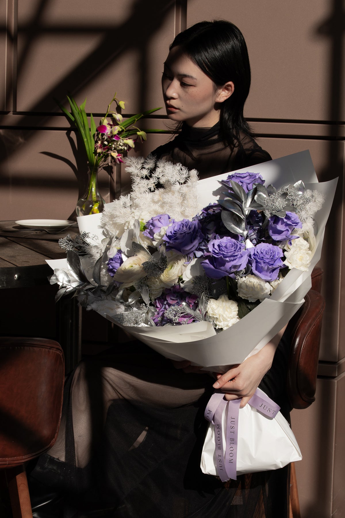 Moonlit Love fresh flower bouquet with purple roses white blooms and silver foliage for Valentine's Day